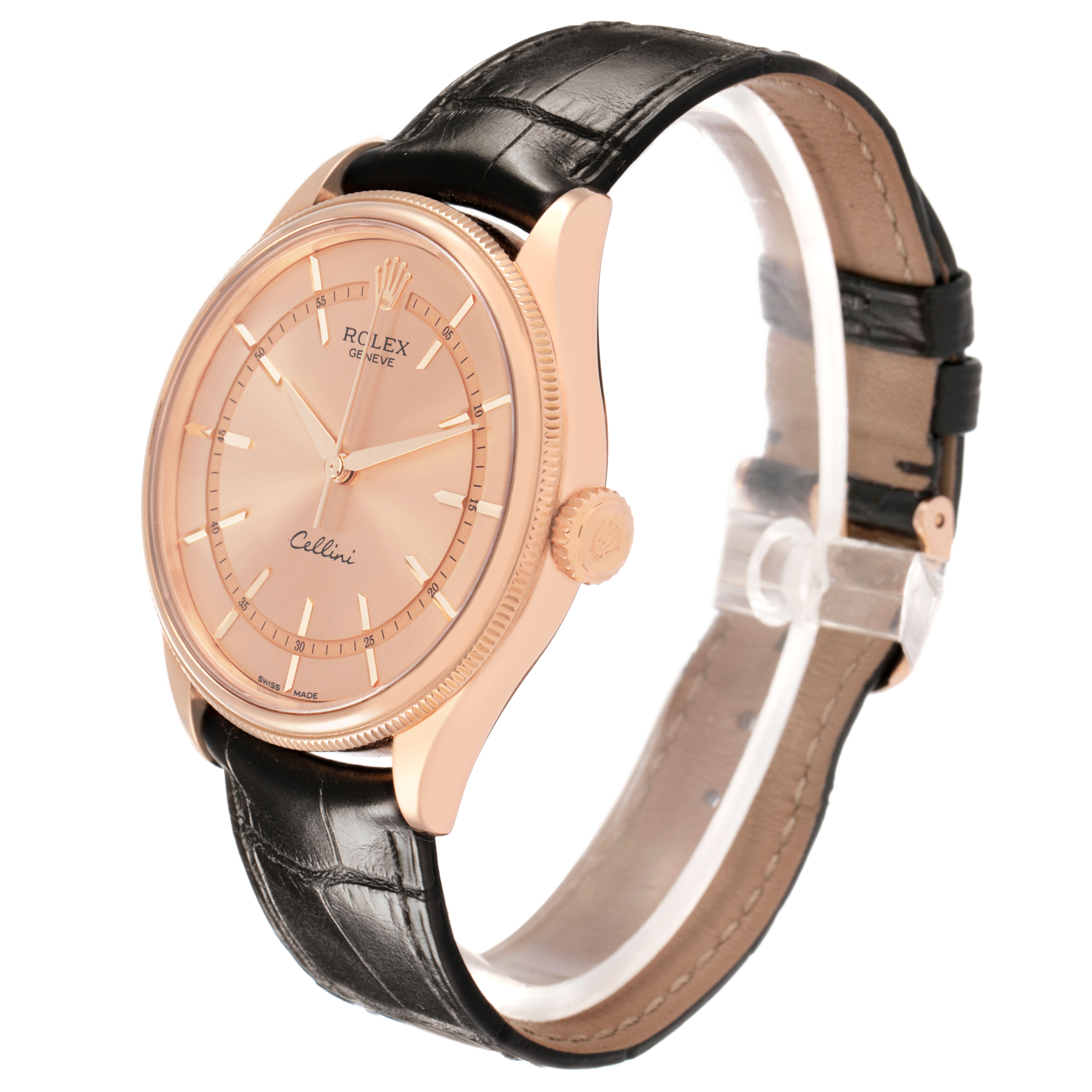 The Rolex Cellini 50505 Men's Rose Gold Pink Dial watch is shown at a slight side angle, displaying the dial, bezel, crown, and leather strap.