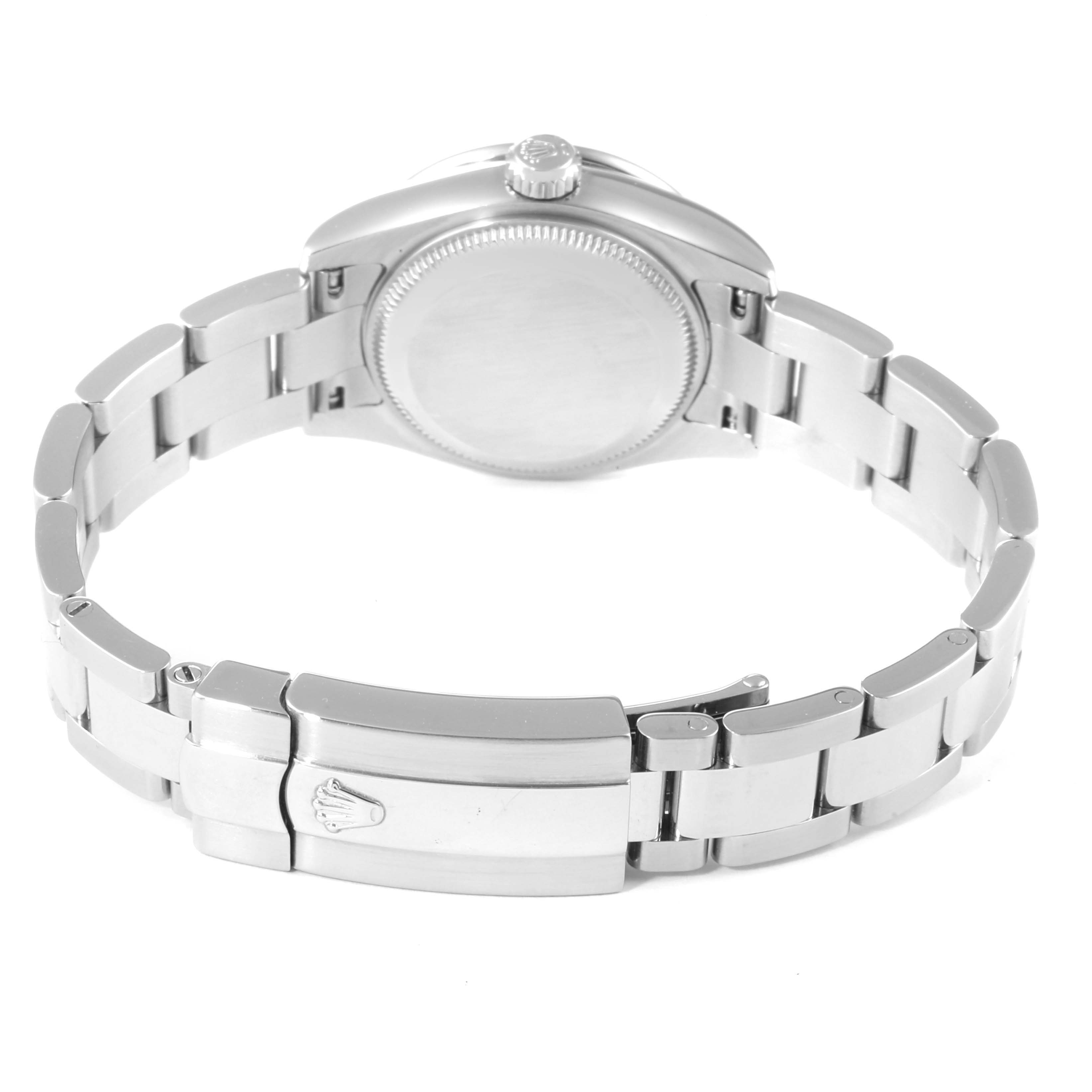 The image shows the back view of a Rolex Datejust 179384 Women
s Stainless Steel Silver Dial 179384 Women
s Stainless Steel Silver Dial watch, focusing on the bracelet and clasp.