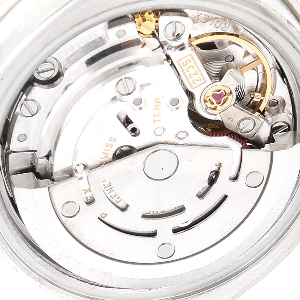 This image shows the internal mechanism of a Rolex Datejust 179384 Women
s Stainless Steel Silver Dial 179384 Women
s Stainless Steel Silver Dial watch from a top-down angle.