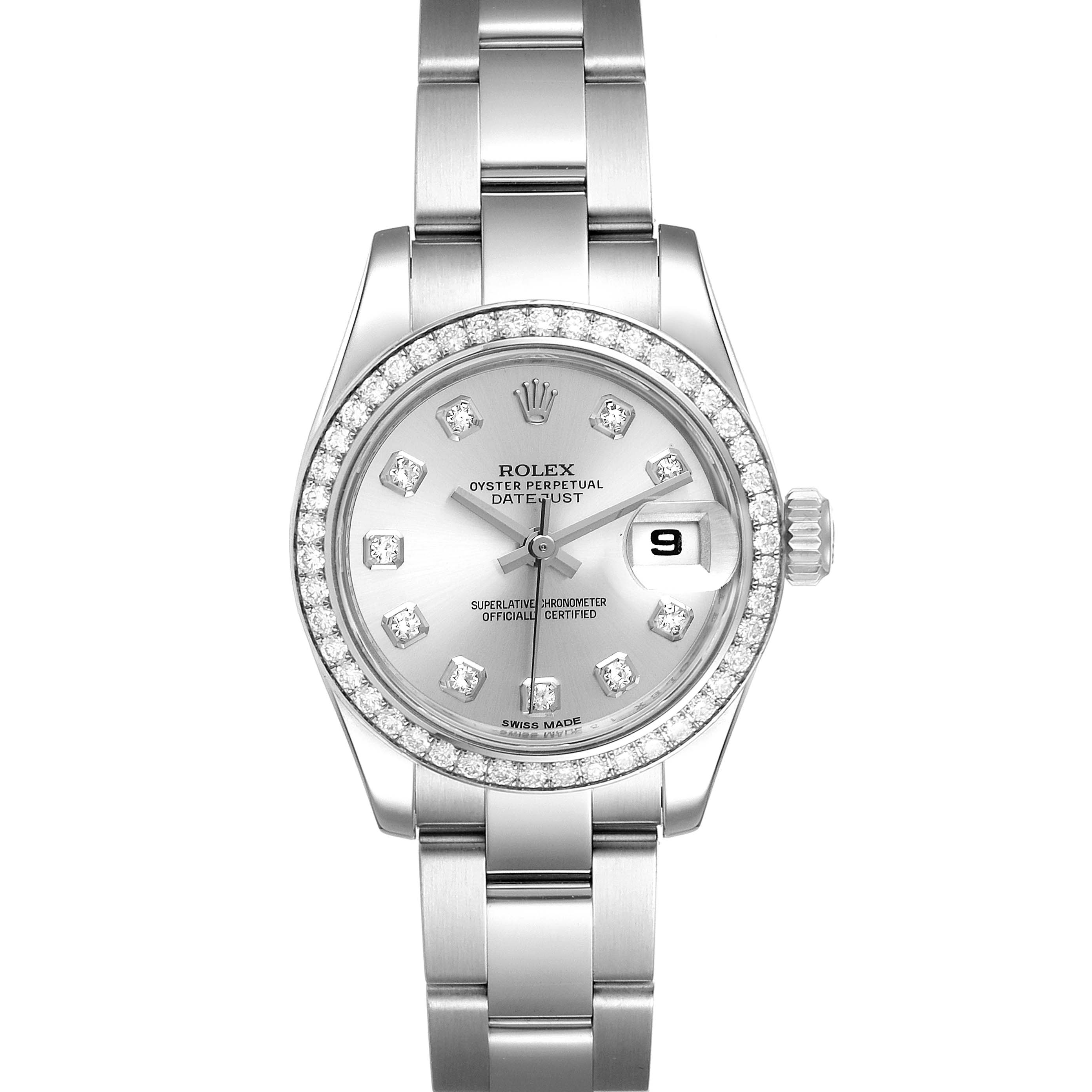 The image shows a top-down view of a Rolex Datejust 179384 Women
s Stainless Steel Silver Dial 179384 Women
s Stainless Steel Silver Dial watch, highlighting its bezel, dial, bracelet, and date window.