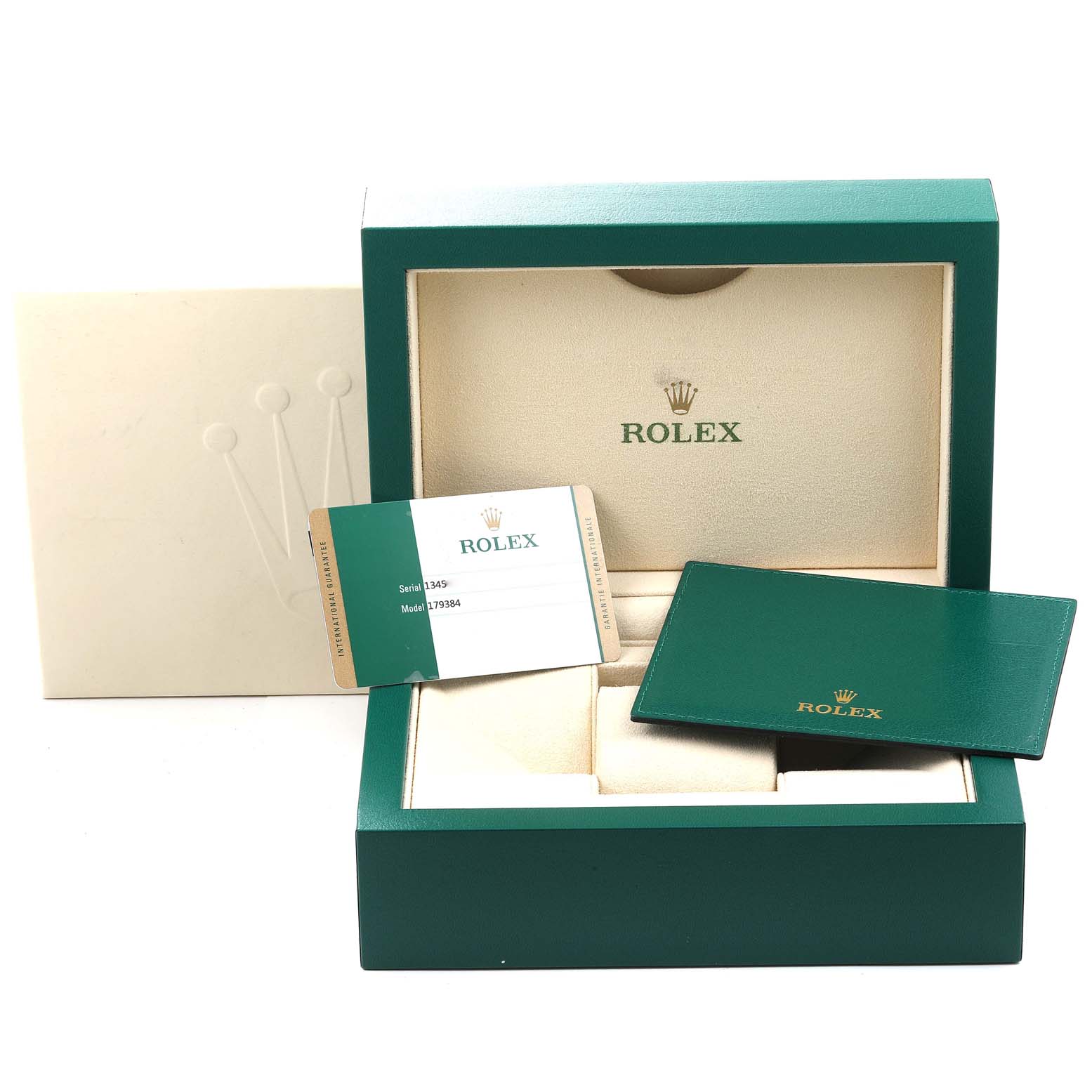 The image shows the Rolex Datejust 179384 Women
s Stainless Steel Silver Dial 179384 Women
s Stainless Steel Silver Dial packaging with the box, warranty card, and booklet.