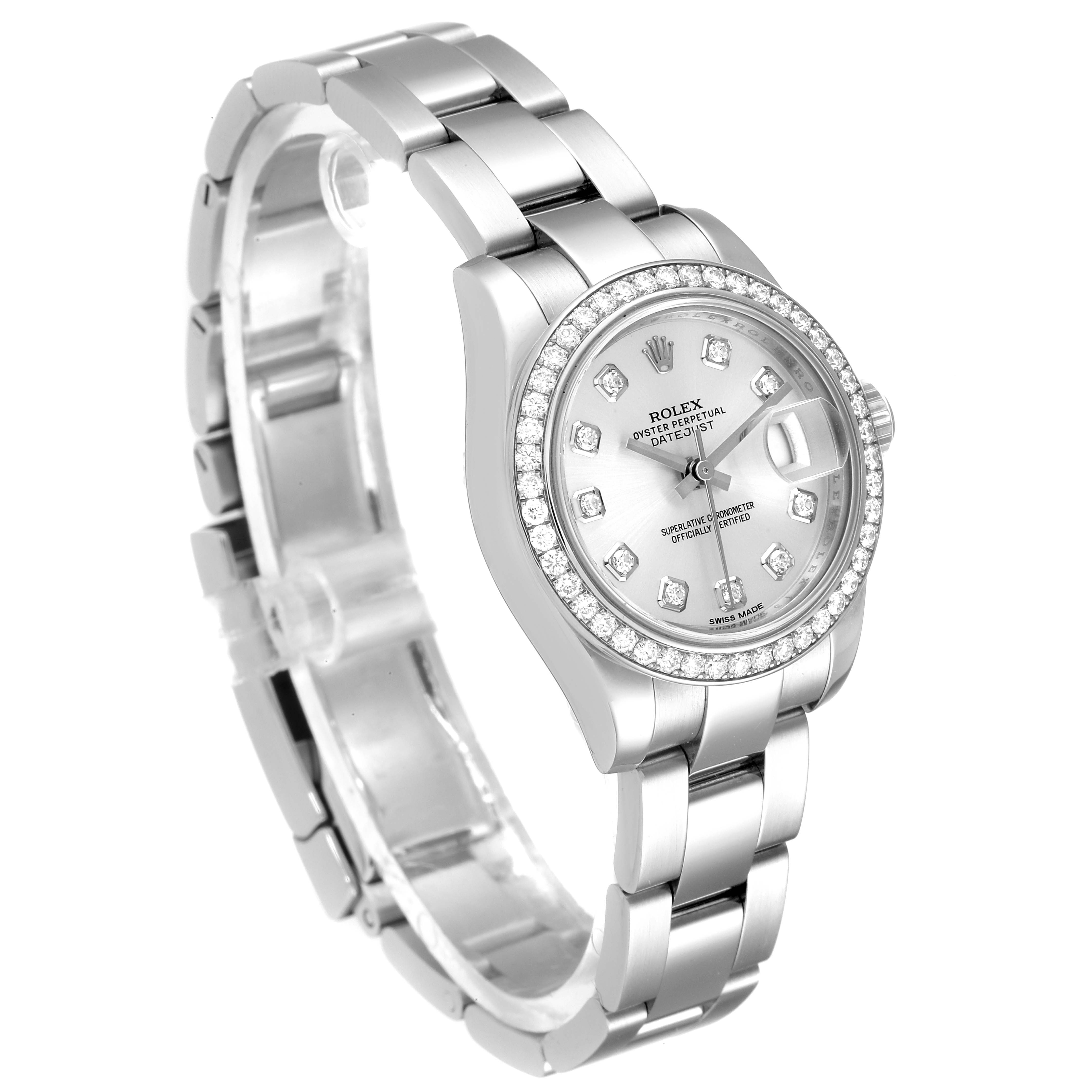 The image shows a side angle of a Rolex Datejust 179384 Women
s Stainless Steel Silver Dial 179384 Women
s Stainless Steel Silver Dial watch featuring its bracelet, case, and dial with diamond markers.