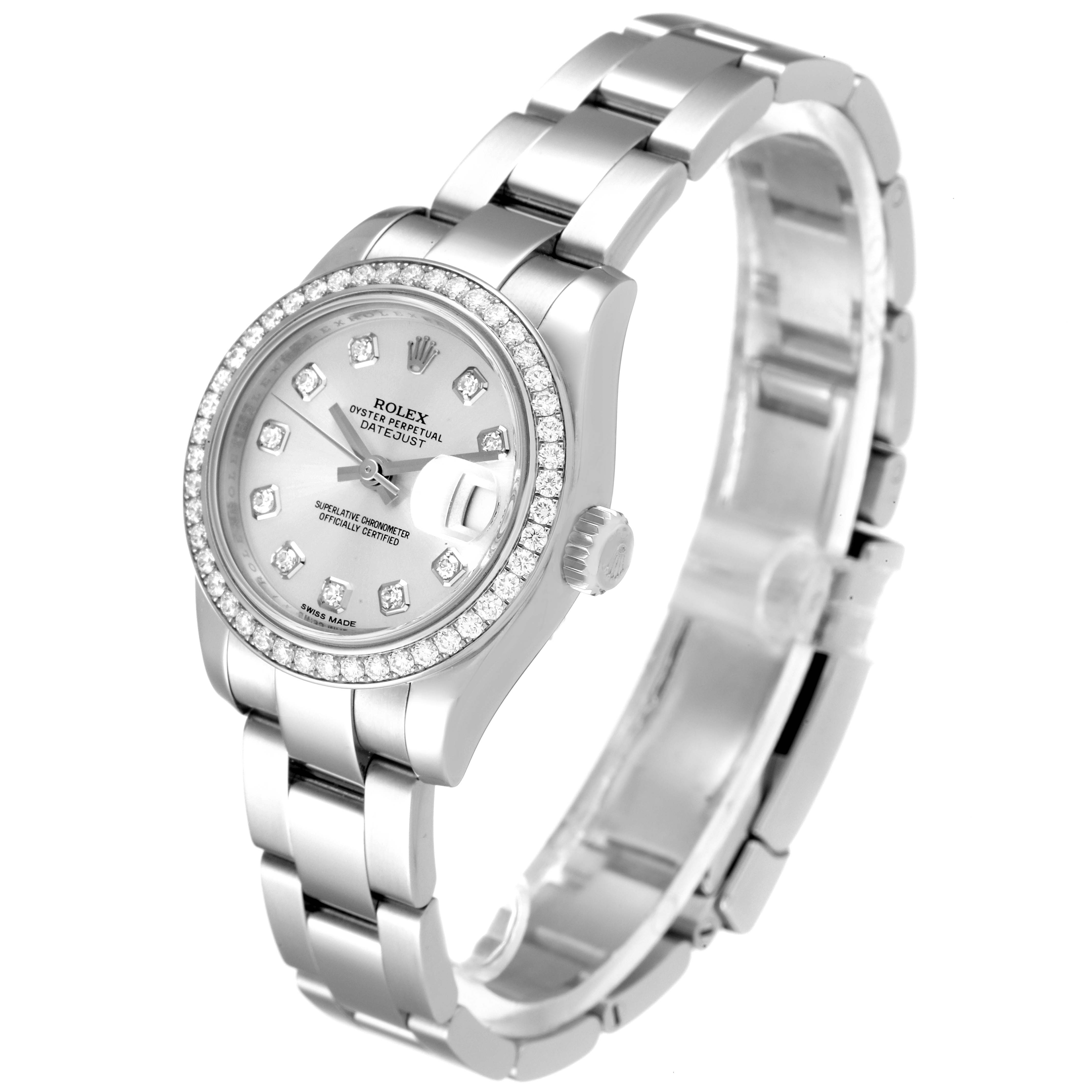 The image shows a Rolex Datejust 179384 Women
s Stainless Steel Silver Dial 179384 Women
s Stainless Steel Silver Dial watch at a slight angle, highlighting the face, bezel, bracelet, and crown.