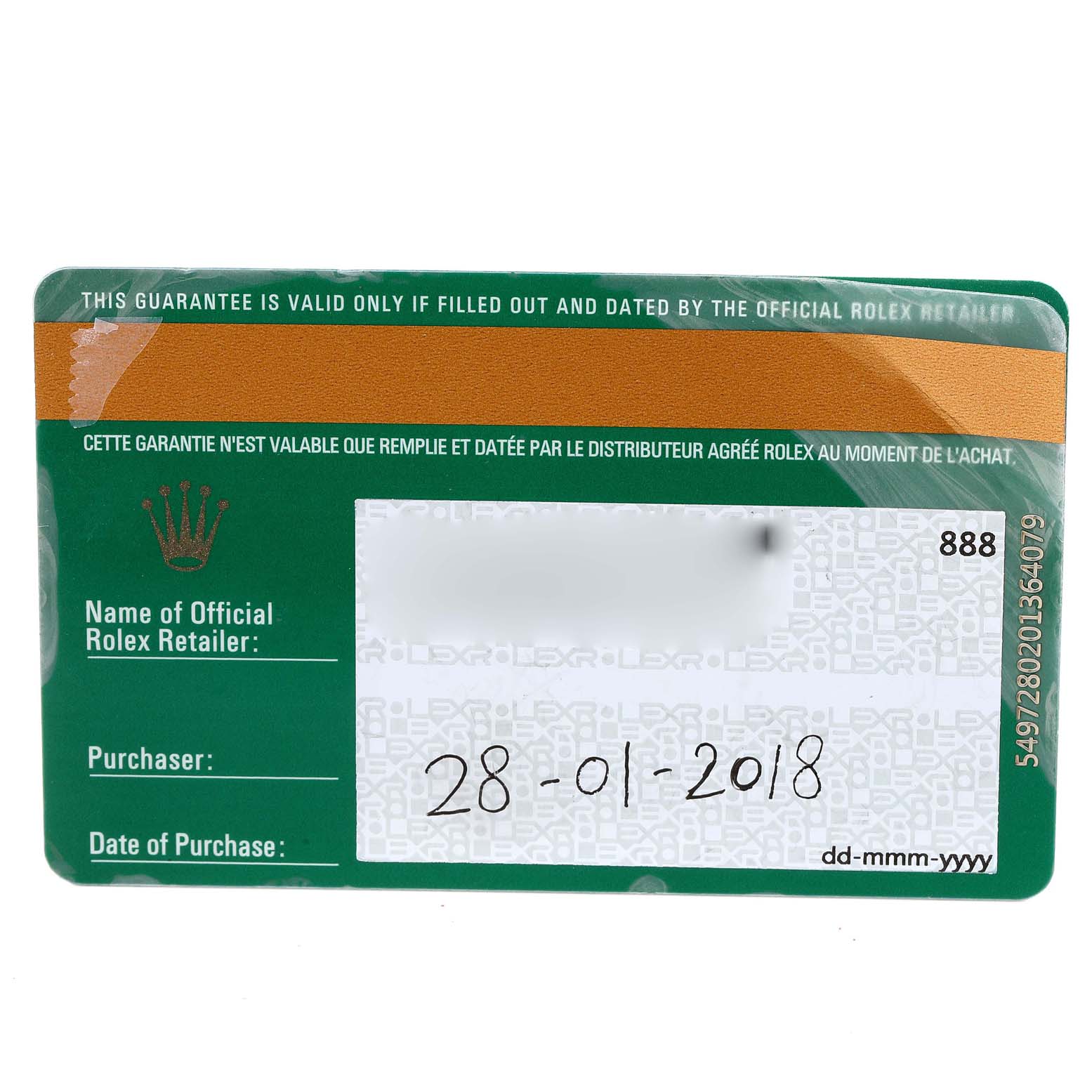 This is a warranty card for the Rolex Datejust 179384 Women
s Stainless Steel Silver Dial 179384 Women
s Stainless Steel Silver Dial model watch, showing purchase information and retailer details.