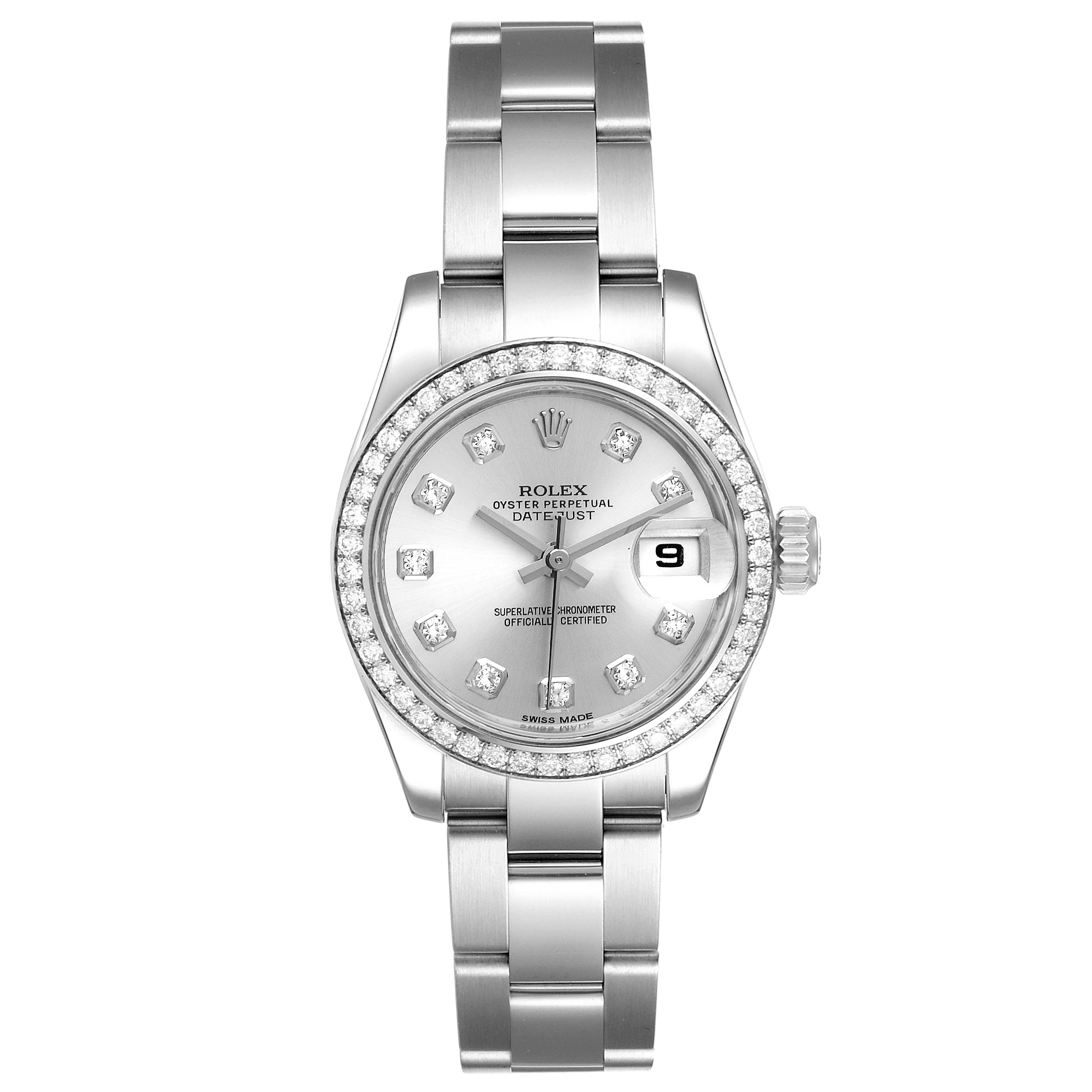 The image shows a front view of the Rolex Datejust 179384 Women
s Stainless Steel Silver Dial 179384 Women
s Stainless Steel Silver Dial watch, displaying the dial, bracelet, bezel, and crown.
