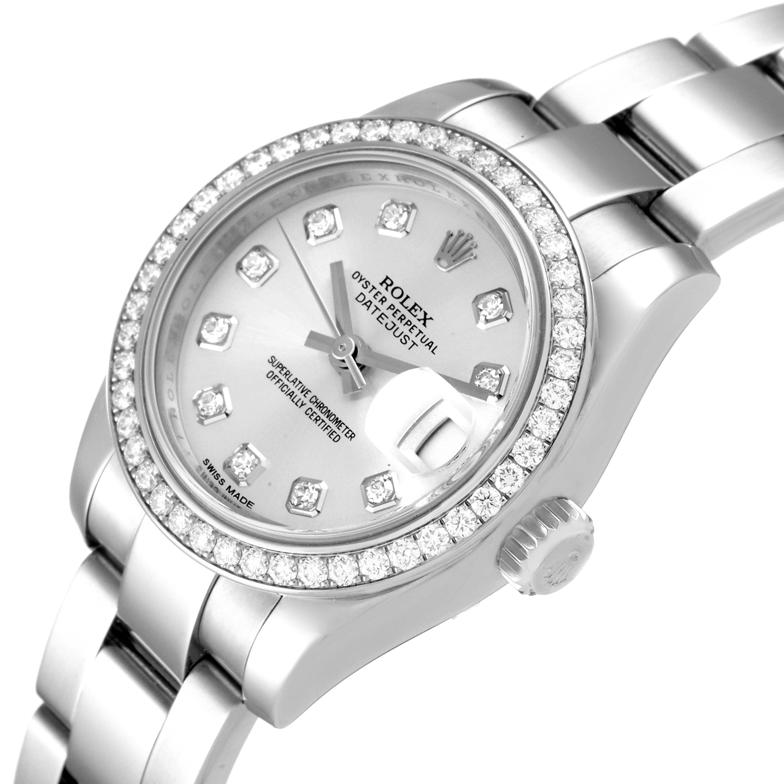 This image shows a Rolex Datejust 179384 Women
s Stainless Steel Silver Dial 179384 Women
s Stainless Steel Silver Dial watch at a tilted angle, highlighting its bezel, face, and a section of the bracelet.