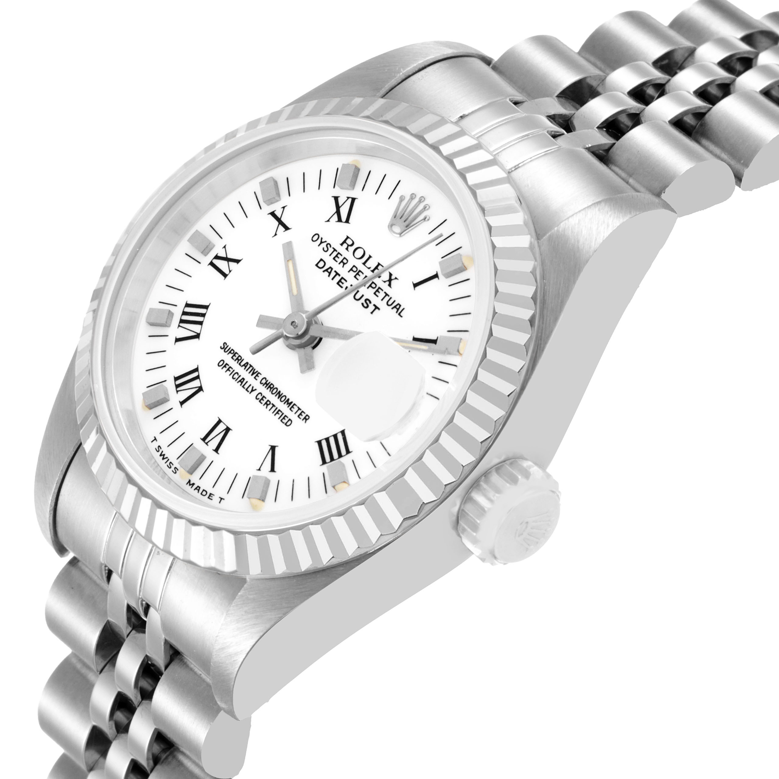 The Rolex Datejust 69174 Women's Stainless Steel White Dial watch is shown at a slightly tilted angle, highlighting the face, bezel, crown, and bracelet.
