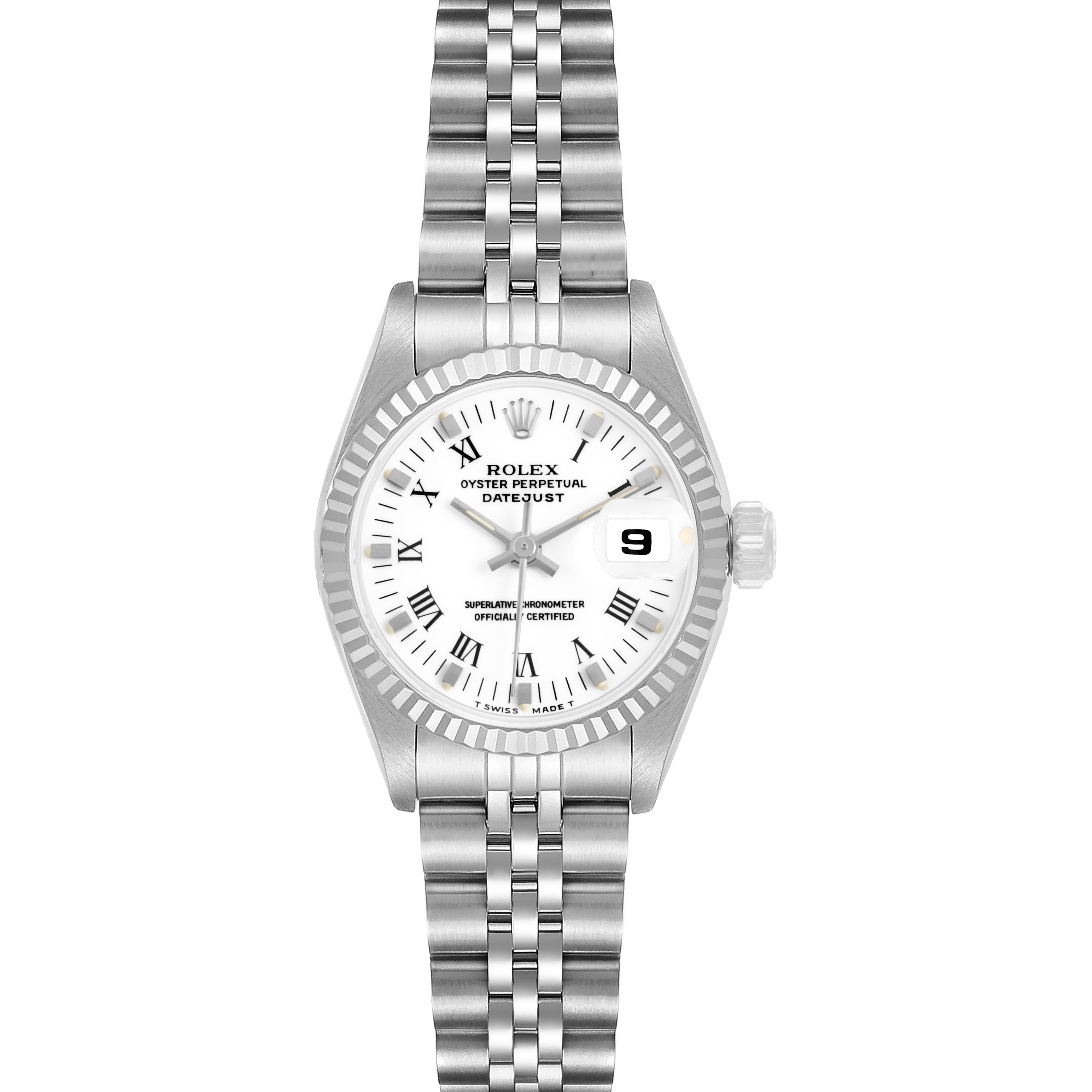 The Rolex Datejust 69174 Women's Stainless Steel White Dial watch is shown from the front, highlighting the dial, bezel, bracelet, and cyclops lens over the date window.