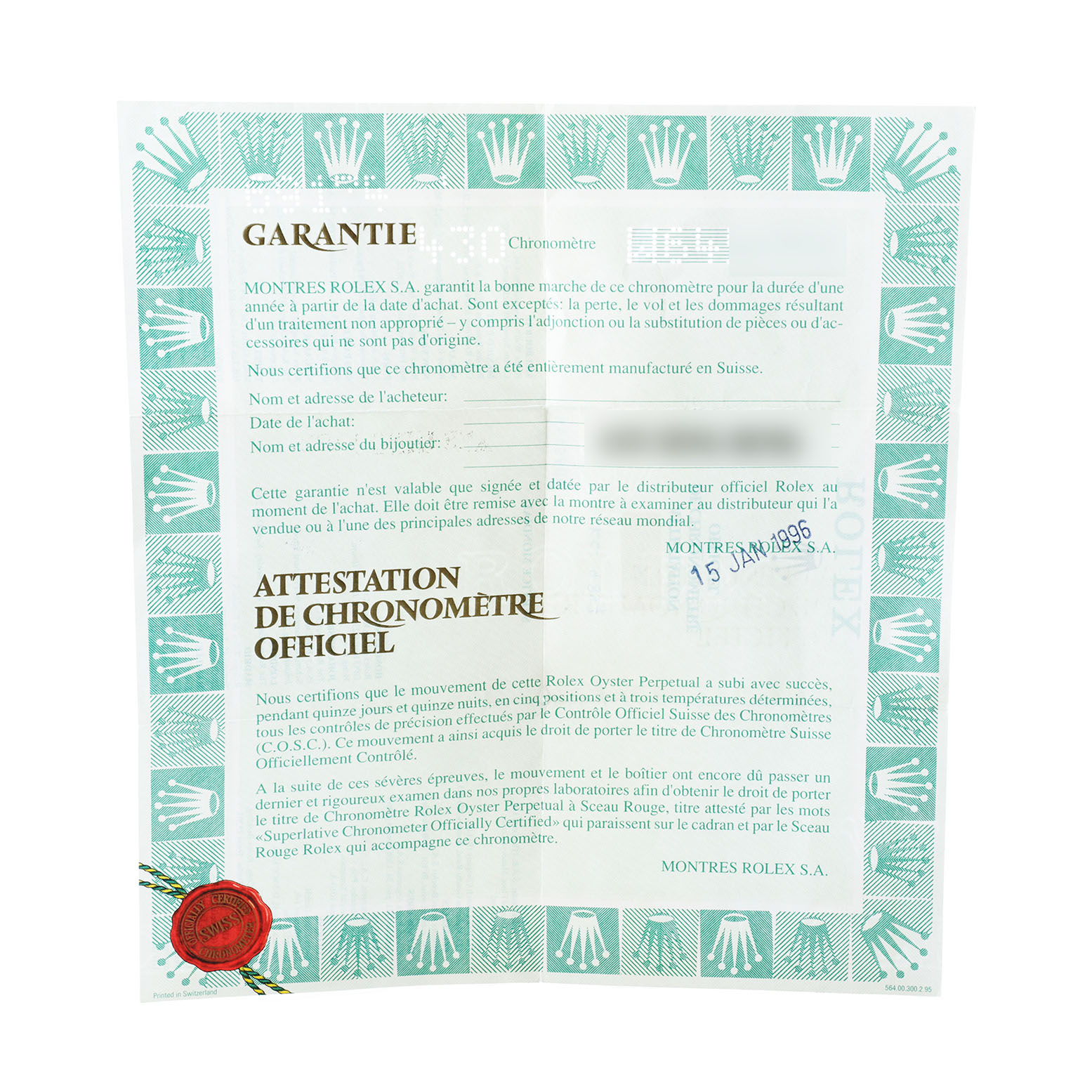 This image shows a Rolex Datejust 69174 Women's Stainless Steel White Dial model warranty certificate, featuring brand insignia and official documentation text.