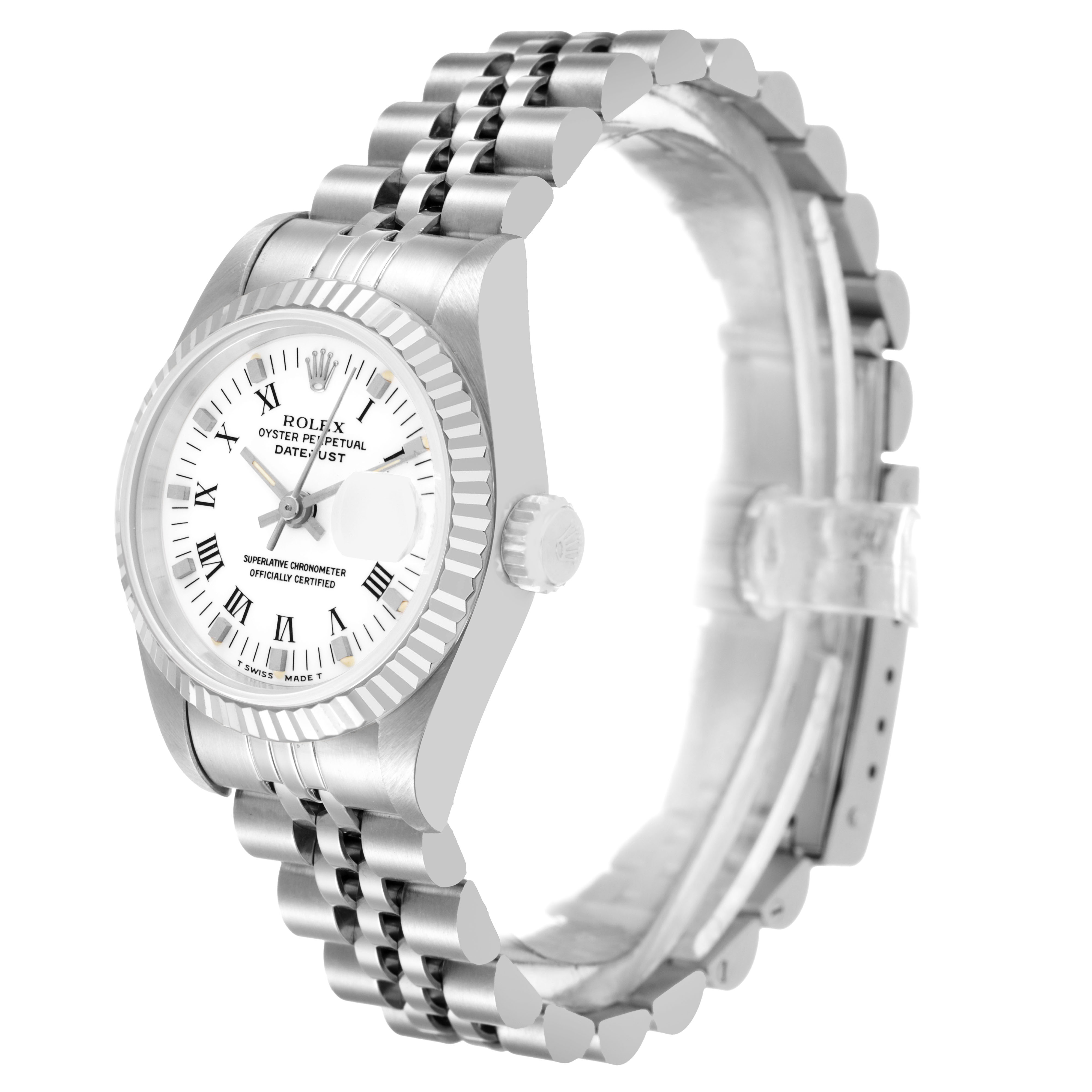 The Rolex Datejust 69174 Women's Stainless Steel White Dial watch is shown at a three-quarter angle, highlighting the dial, bezel, crown, and Jubilee bracelet.