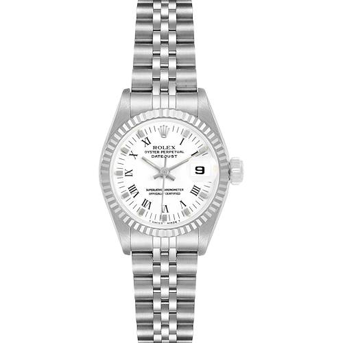The Rolex Datejust 69174 Women's Stainless Steel White Dial watch is shown from a front angle, displaying the dial, bezel, and bracelet clearly.