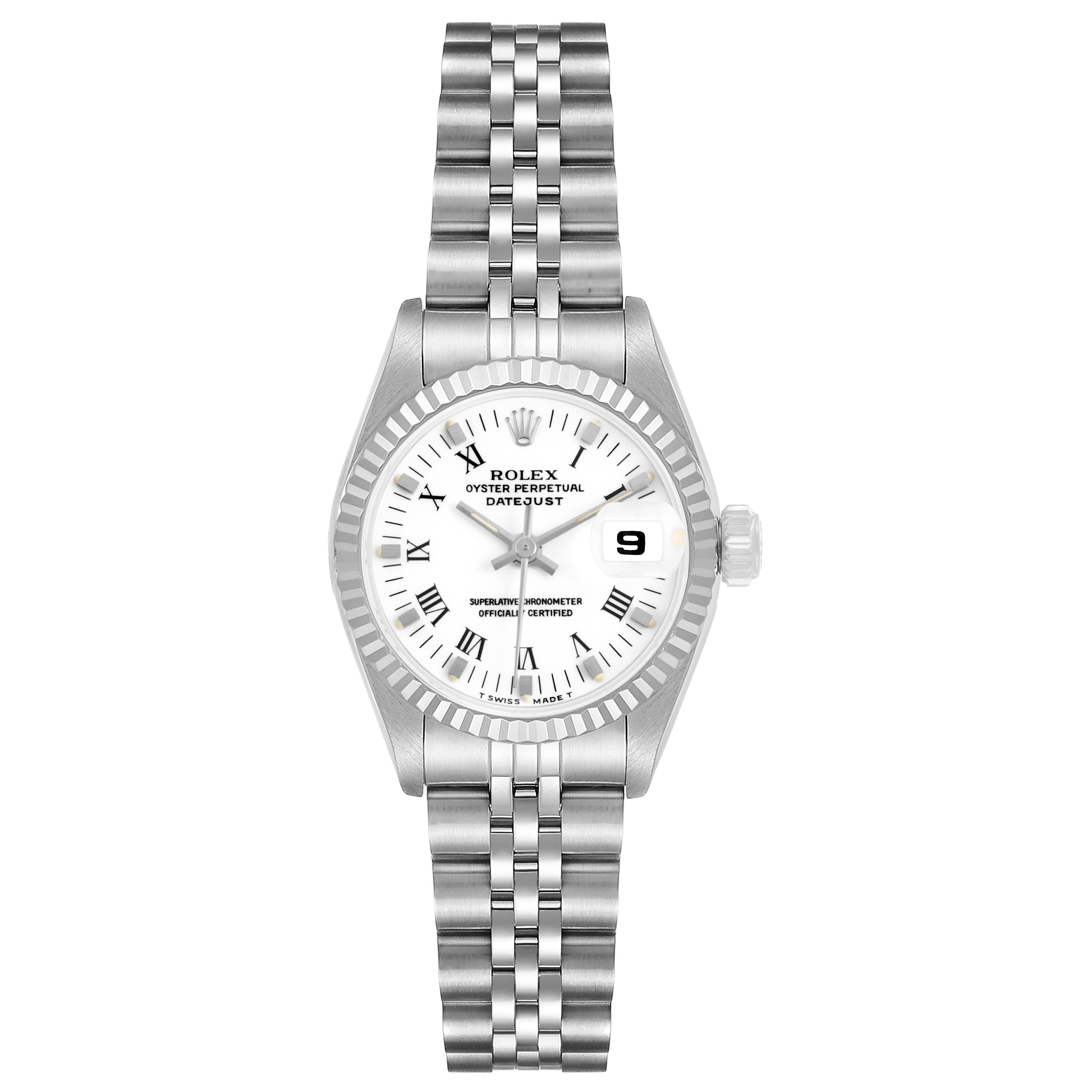 The Rolex Datejust 69174 Women's Stainless Steel White Dial watch is shown from a top view, displaying the dial, bezel, case, and bracelet.