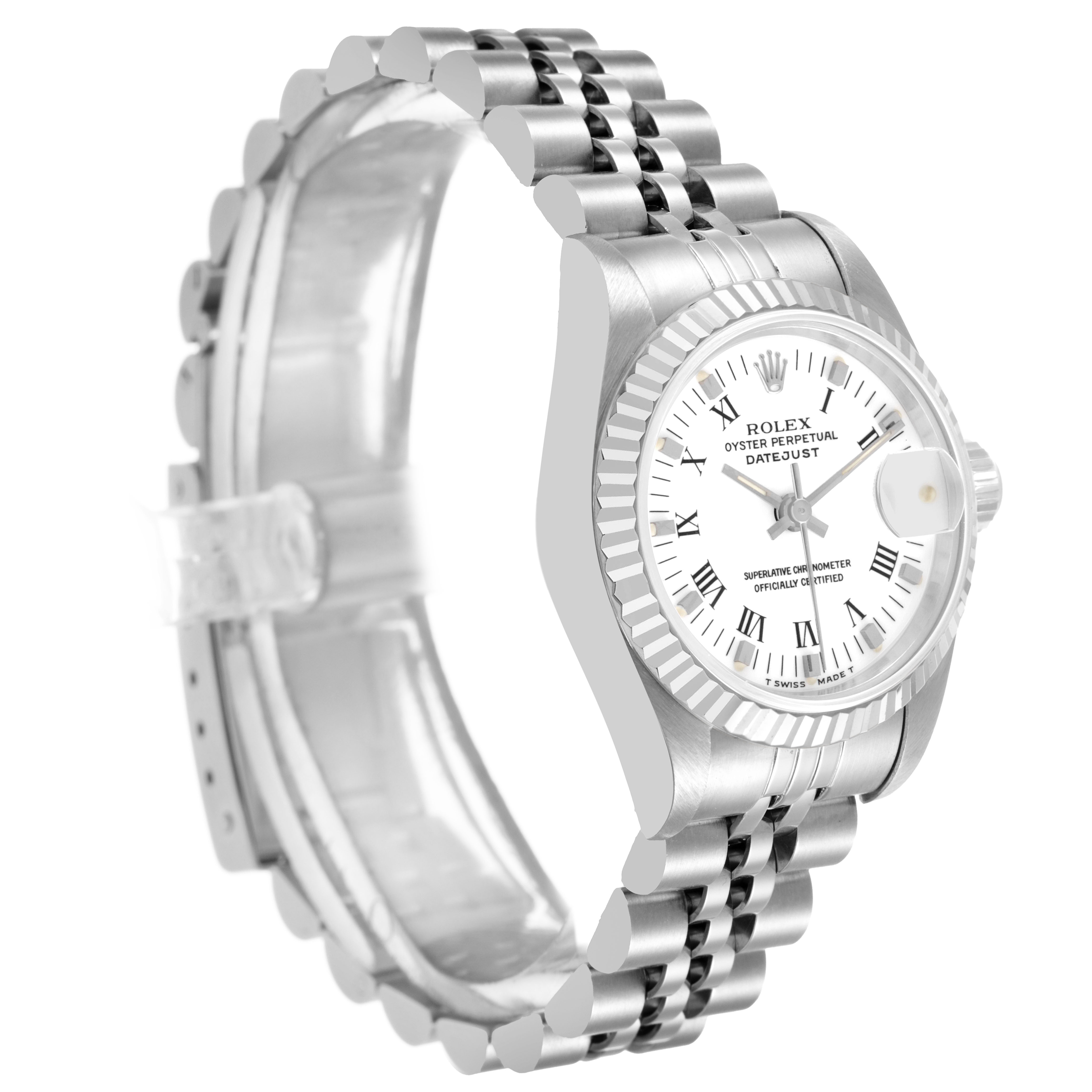 The Rolex Datejust 69174 Women's Stainless Steel White Dial watch is shown at a side angle highlighting the bezel, dial, bracelet, and clasp.