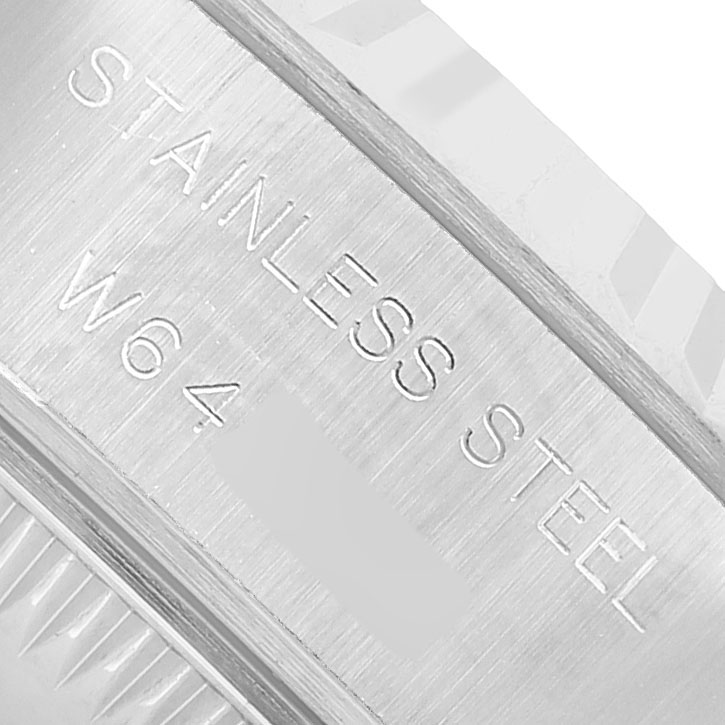 The image shows a close-up of the stainless steel caseback engraving on a Rolex Datejust 69174 Women's Stainless Steel White Dial watch.