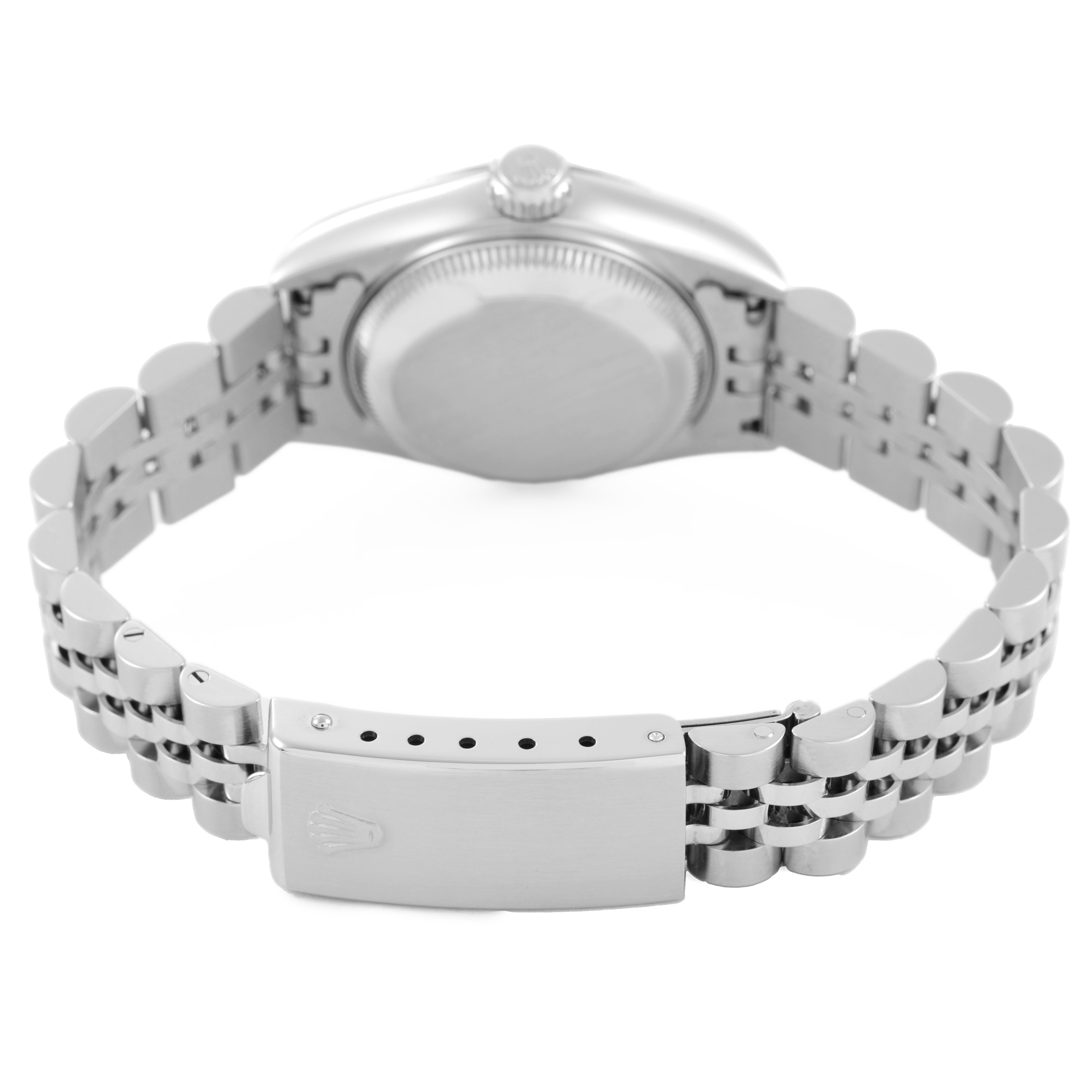 The image shows the back of a Rolex Datejust 69174 Women's Stainless Steel White Dial watch, highlighting the clasp and bracelet at a rear-facing angle.