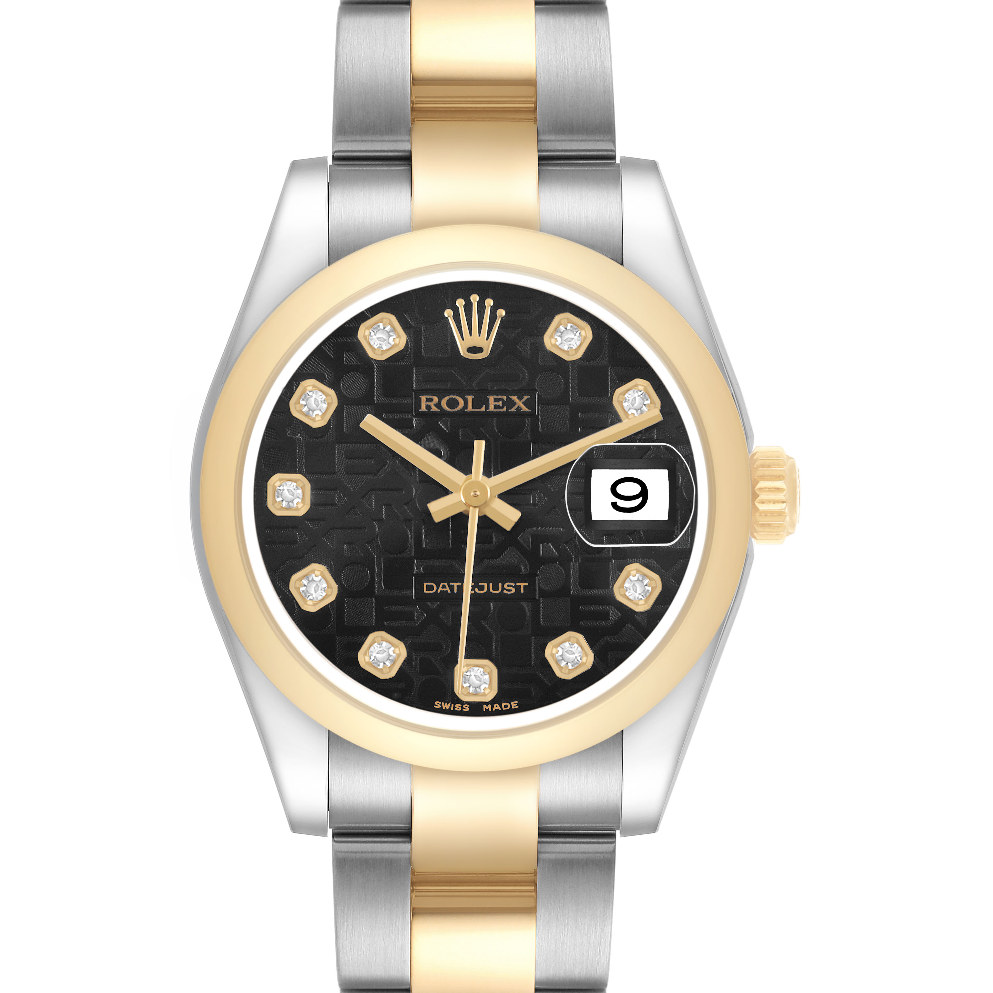 The Rolex Mid-Size 178243 Women's Steel and Gold (two tone) Black Dial model is shown from the front, featuring its black dial, gold bezel, and two-tone bracelet.