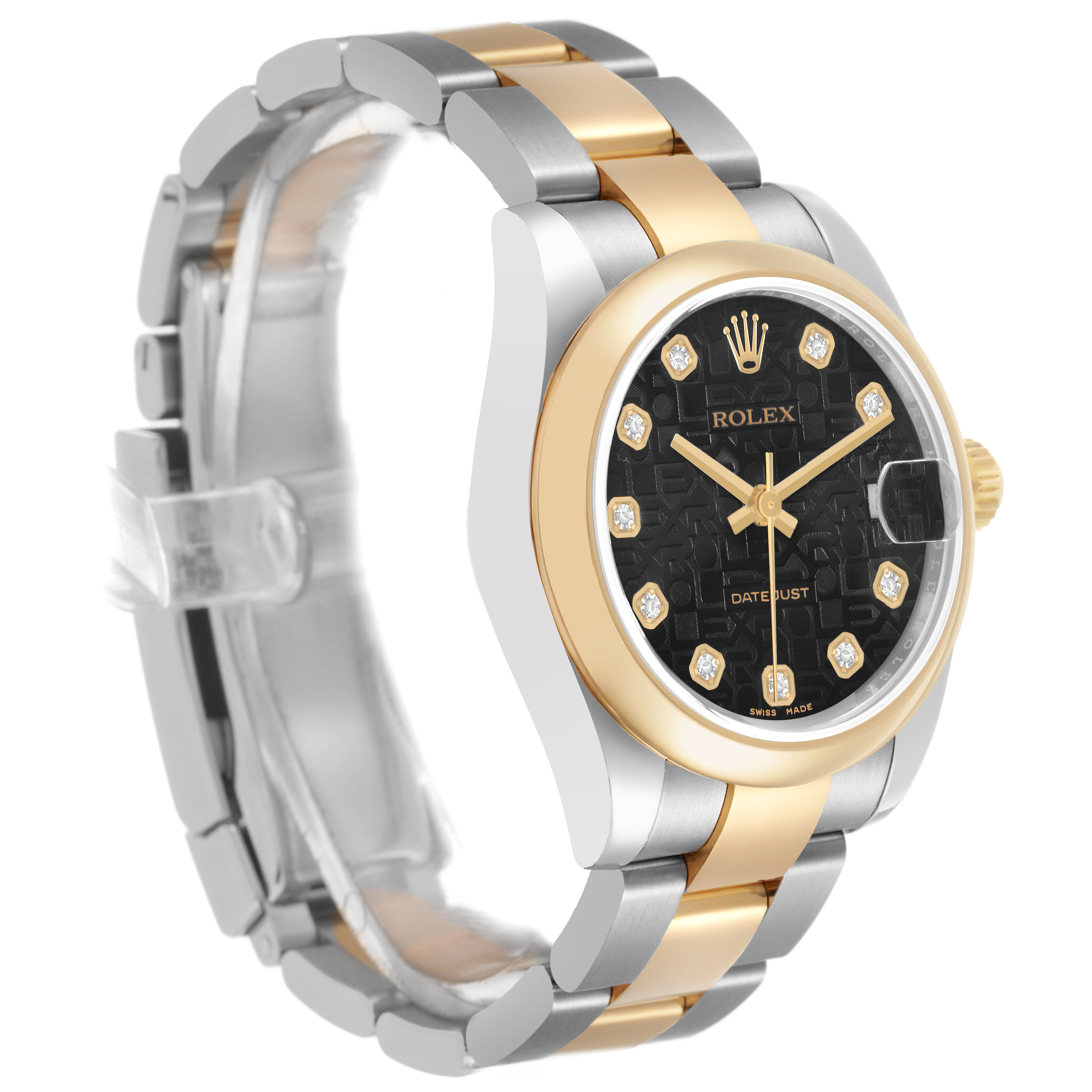 The Rolex Mid-Size 178243 Women's Steel and Gold (two tone) Black Dial watch is shown at a three-quarter angle, highlighting the case, bezel, bracelet, and face details.