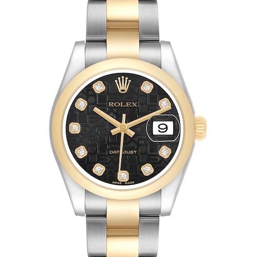 The Rolex Mid-Size 178243 Women's Steel and Gold (two tone) Black Dial model is shown from a top view, highlighting the dial, bezel, crown, and bracelet.