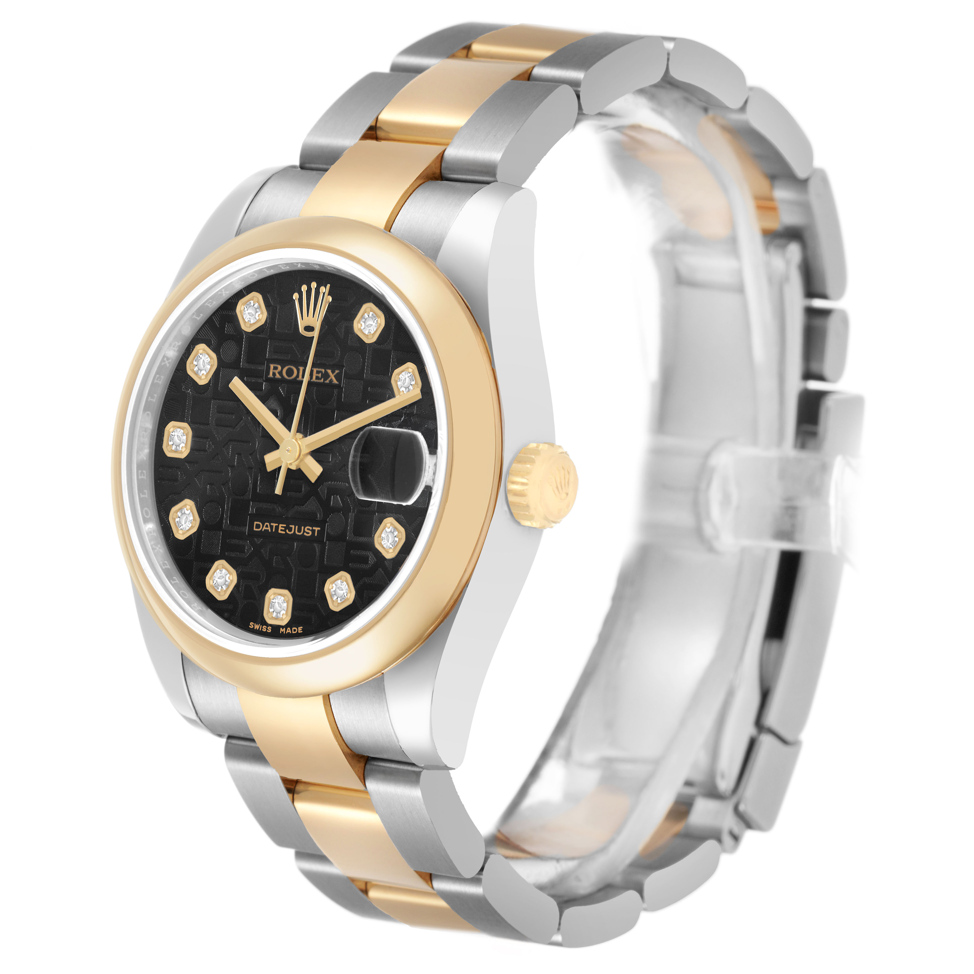 The Rolex Mid-Size 178243 Women's Steel and Gold (two tone) Black Dial model is shown in a three-quarter view, highlighting the dial, bezel, and part of the bracelet.