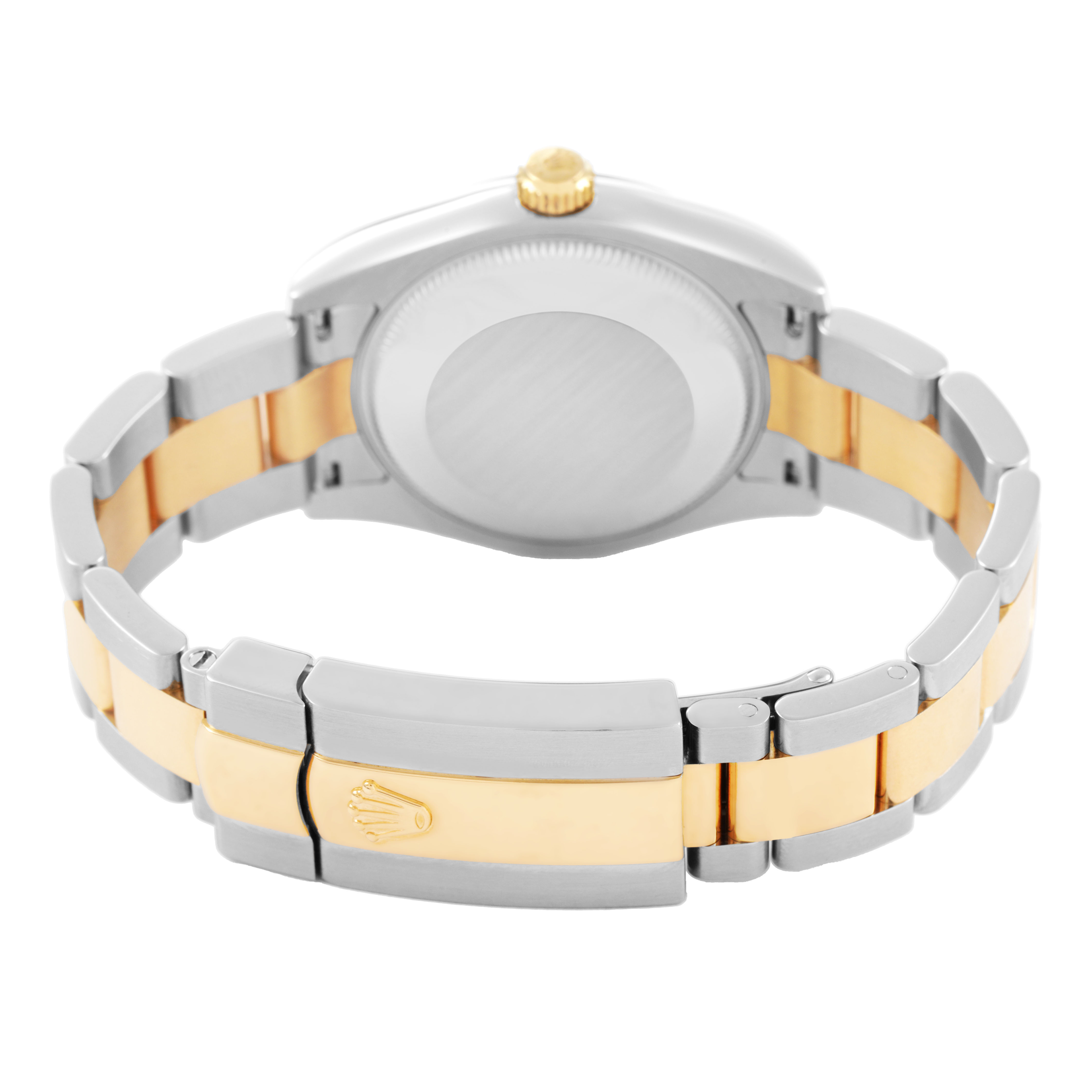 The image shows a rear view of a Rolex Mid-Size 178243 Women's Steel and Gold (two tone) Black Dial watch, highlighting the watch case back and bicolor bracelet with clasp.