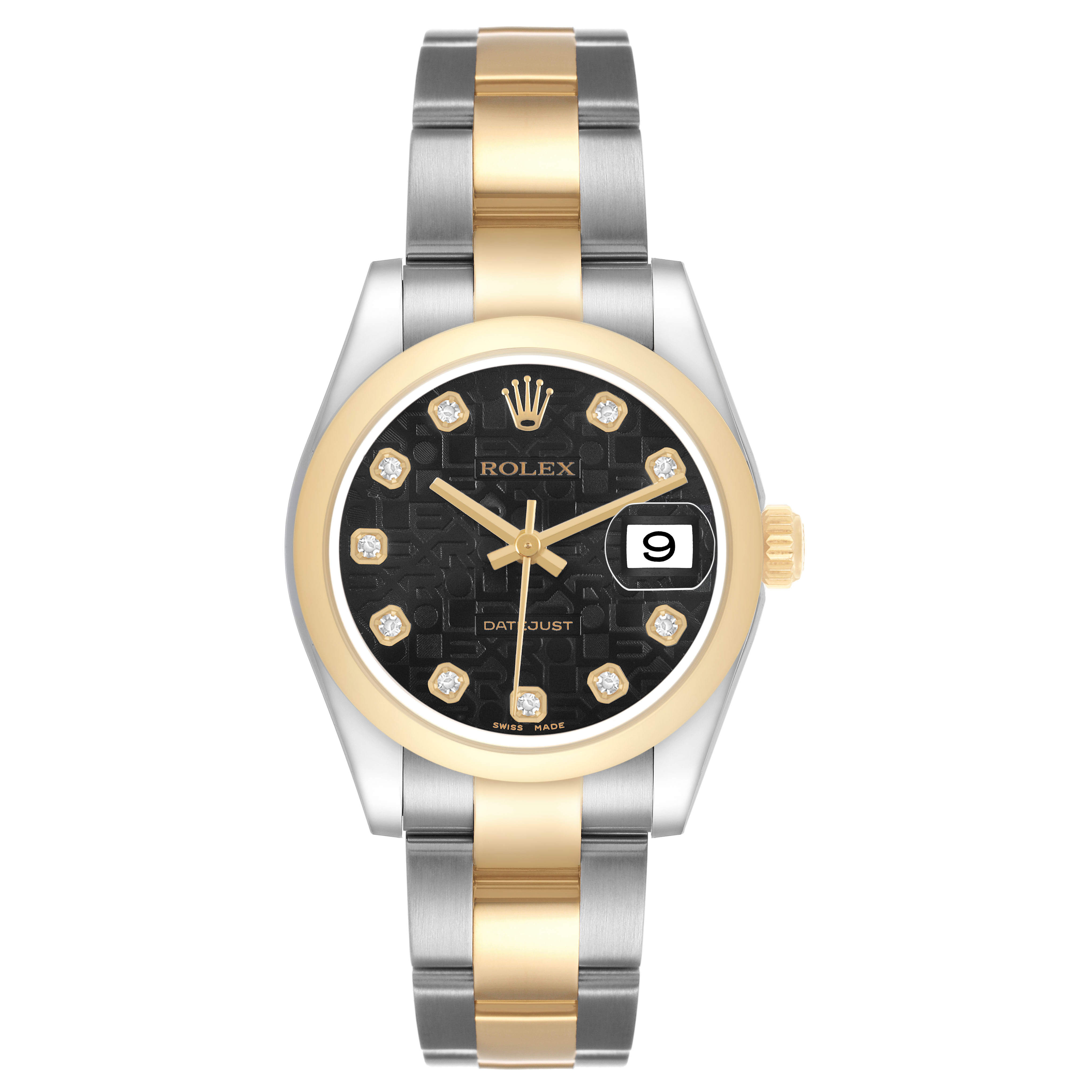 The Rolex Mid-Size 178243 Women's Steel and Gold (two tone) Black Dial model is shown from the front, highlighting the bezel, dial, hands, and bracelet.