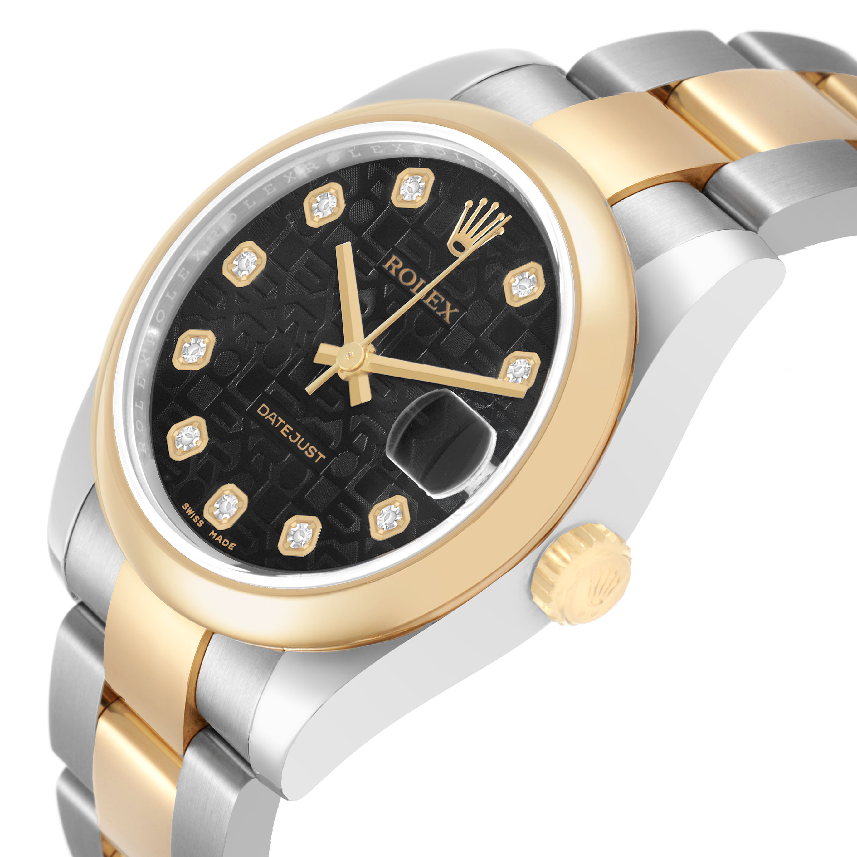 The Rolex Mid-Size 178243 Women's Steel and Gold (two tone) Black Dial watch is shown at an angled side view, highlighting its gold and silver bracelet, black dial, and diamond markers.
