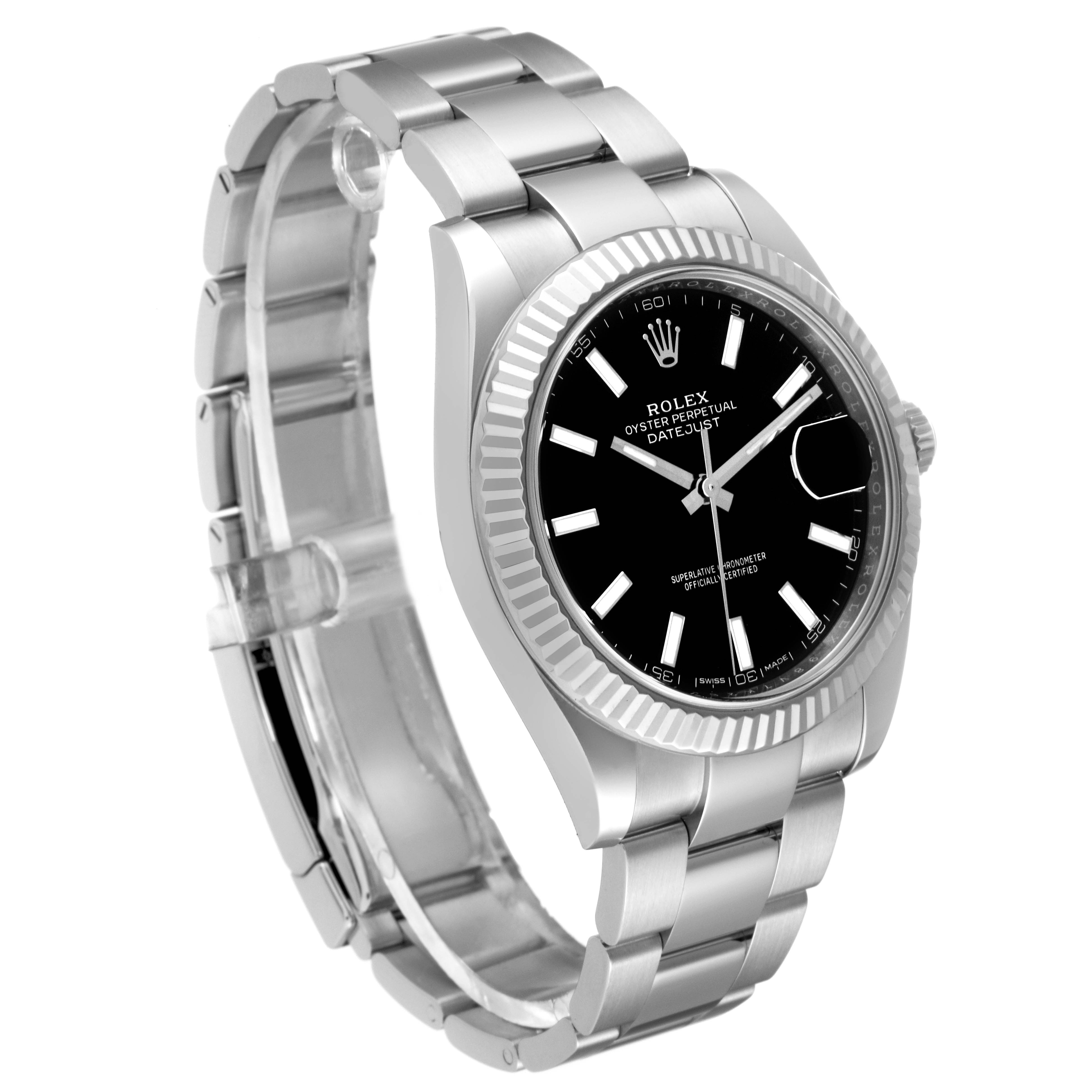The image shows a Rolex Datejust 41 126334 Men
s Stainless Steel Black Dial 126334 Men
s Stainless Steel Black Dial model from a three-quarter angle, highlighting the dial, bezel, case, and bracelet.