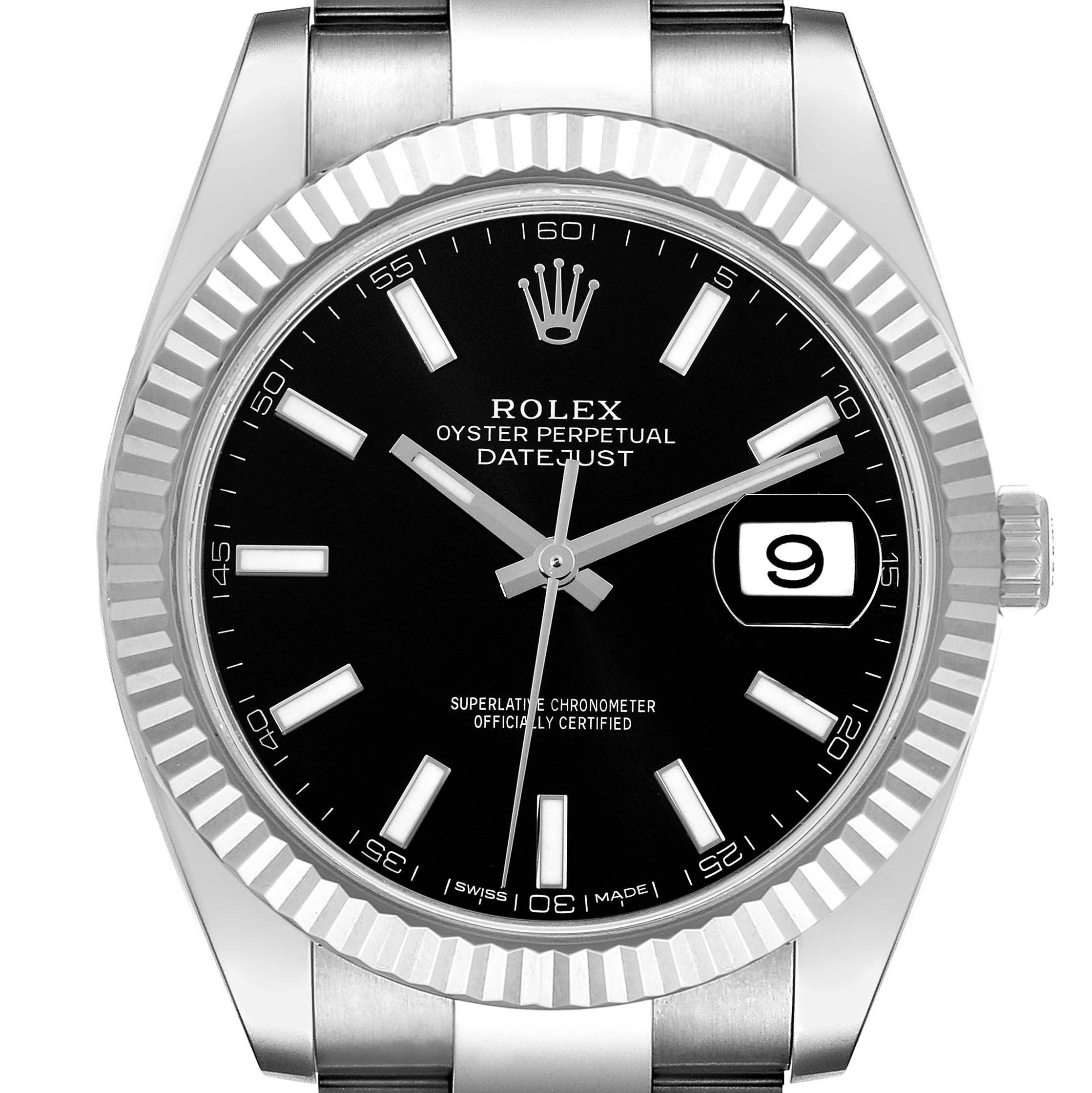 The image shows a front view of a Rolex Datejust 41 126334 Men
s Stainless Steel Black Dial 126334 Men
s Stainless Steel Black Dial watch, highlighting the black dial, fluted bezel, and date window.