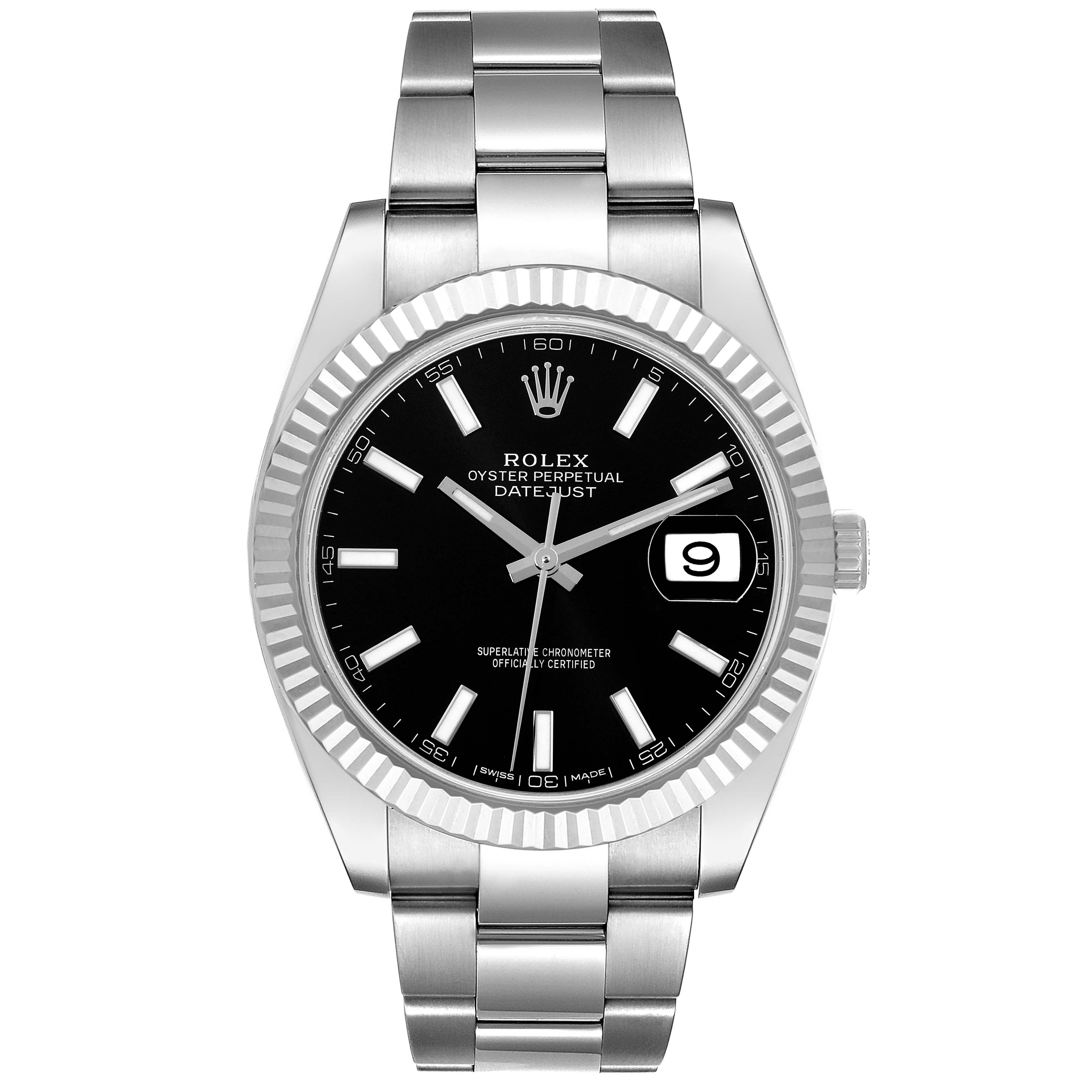 The image shows a front view of the Rolex Datejust 41 126334 Men
s Stainless Steel Black Dial 126334 Men
s Stainless Steel Black Dial watch, highlighting its black dial, silver bracelet, and fluted bezel.