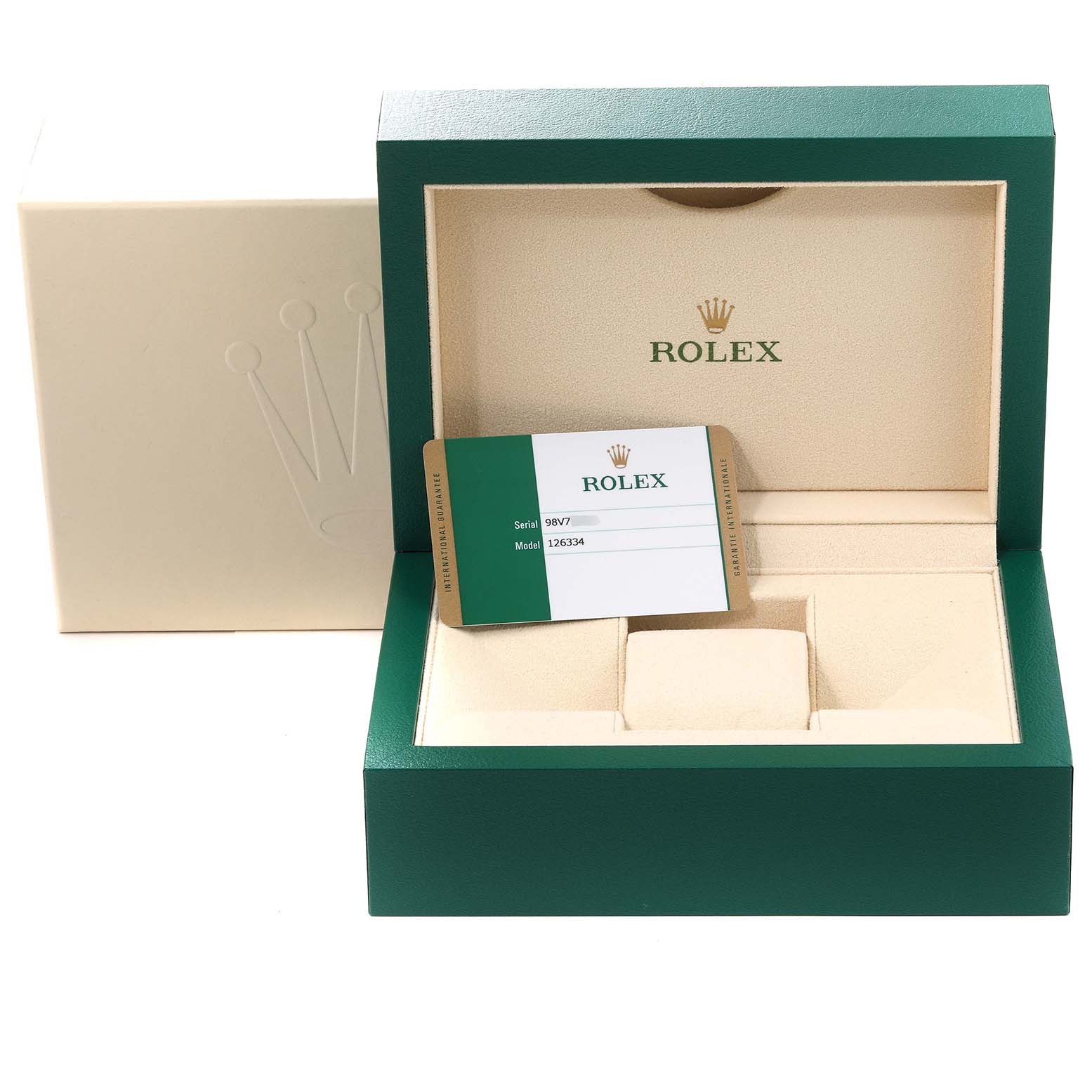 The image shows a Rolex watch box for the Datejust 41 model with an empty watch slot and warranty card.