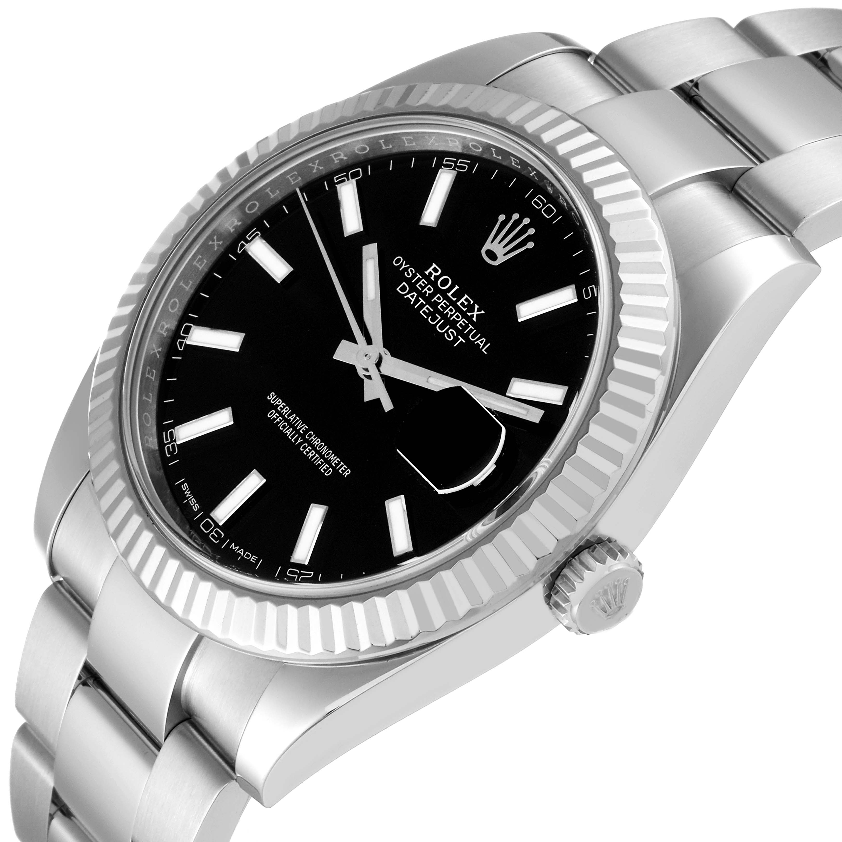 The image shows a Rolex Datejust 41 126334 Men
s Stainless Steel Black Dial 126334 Men
s Stainless Steel Black Dial watch at a slight angle, highlighting the dial, bezel, crown, and part of the bracelet.