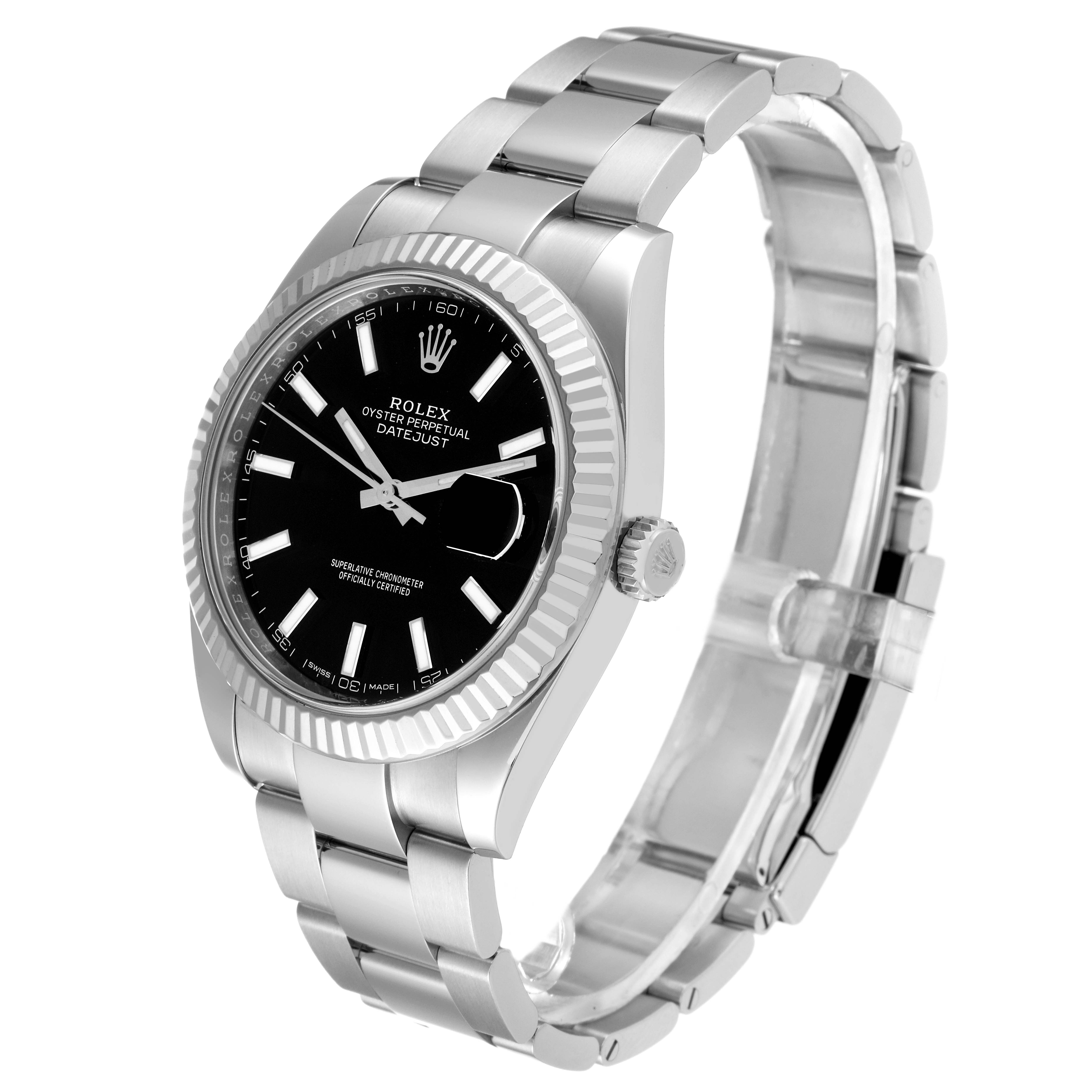 The image shows a Rolex Datejust 41 126334 Men
s Stainless Steel Black Dial 126334 Men
s Stainless Steel Black Dial watch at a three-quarter right angle, showcasing its black dial, fluted bezel, and stainless steel bracelet.