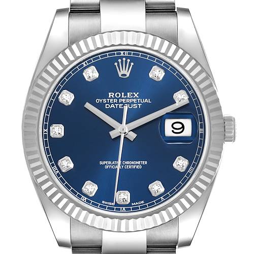 The Rolex Datejust 41 126334 Men's Stainless Steel Blue Dial is shown from the front, highlighting its blue dial, diamond hour markers, and fluted bezel.