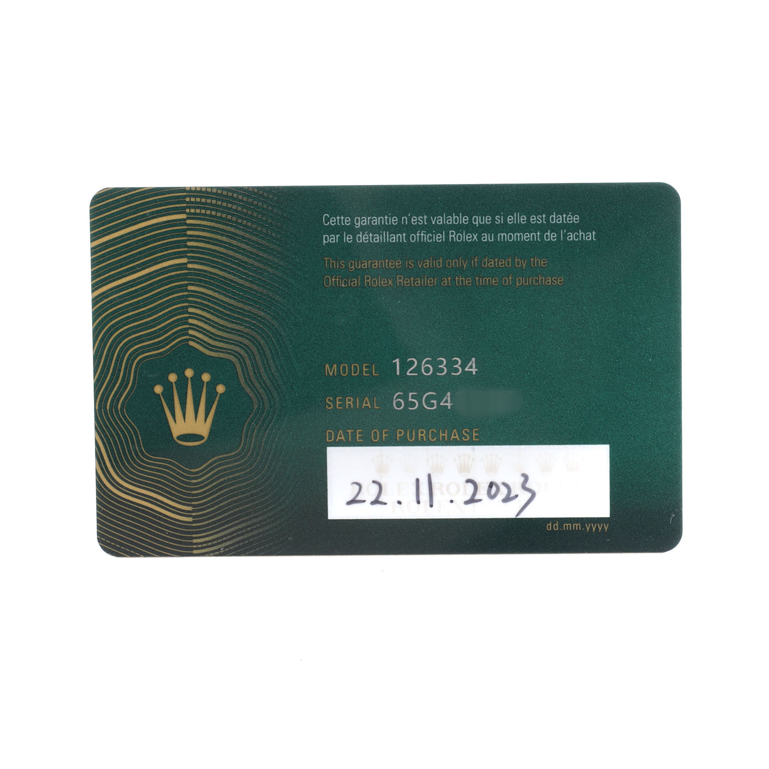 The image shows a warranty card for the Rolex Datejust 41 126334 Men's Stainless Steel Green Dial, with model and serial numbers visible.