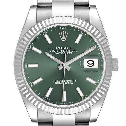 The Rolex Datejust 41 126334 Men's Stainless Steel Green Dial is shown from the front, displaying the dial, bezel, date window, and part of the bracelet.