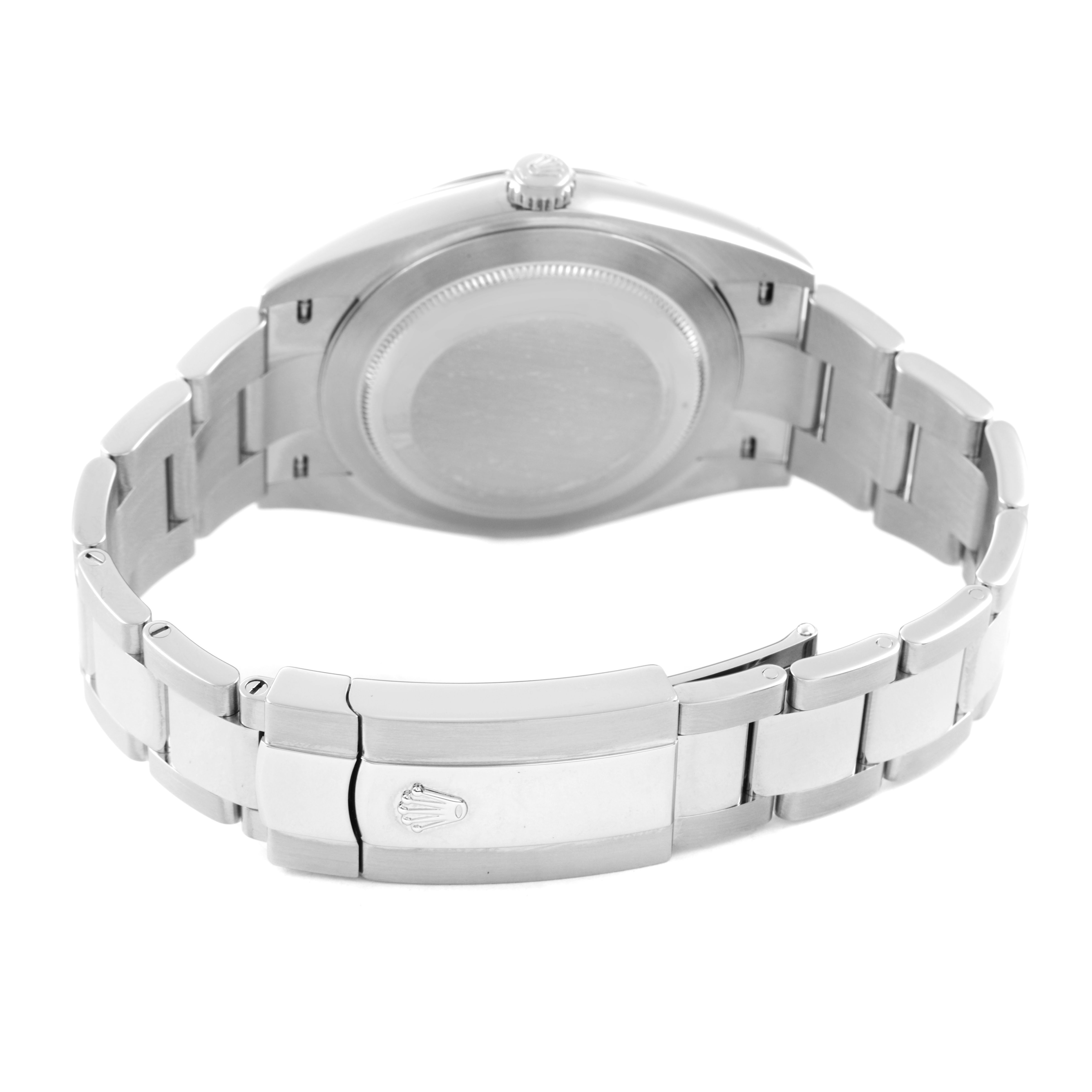The image shows the back and clasp of a Rolex Datejust 41 126334 Men's Stainless Steel Green Dial, with a focus on the case back and bracelet.