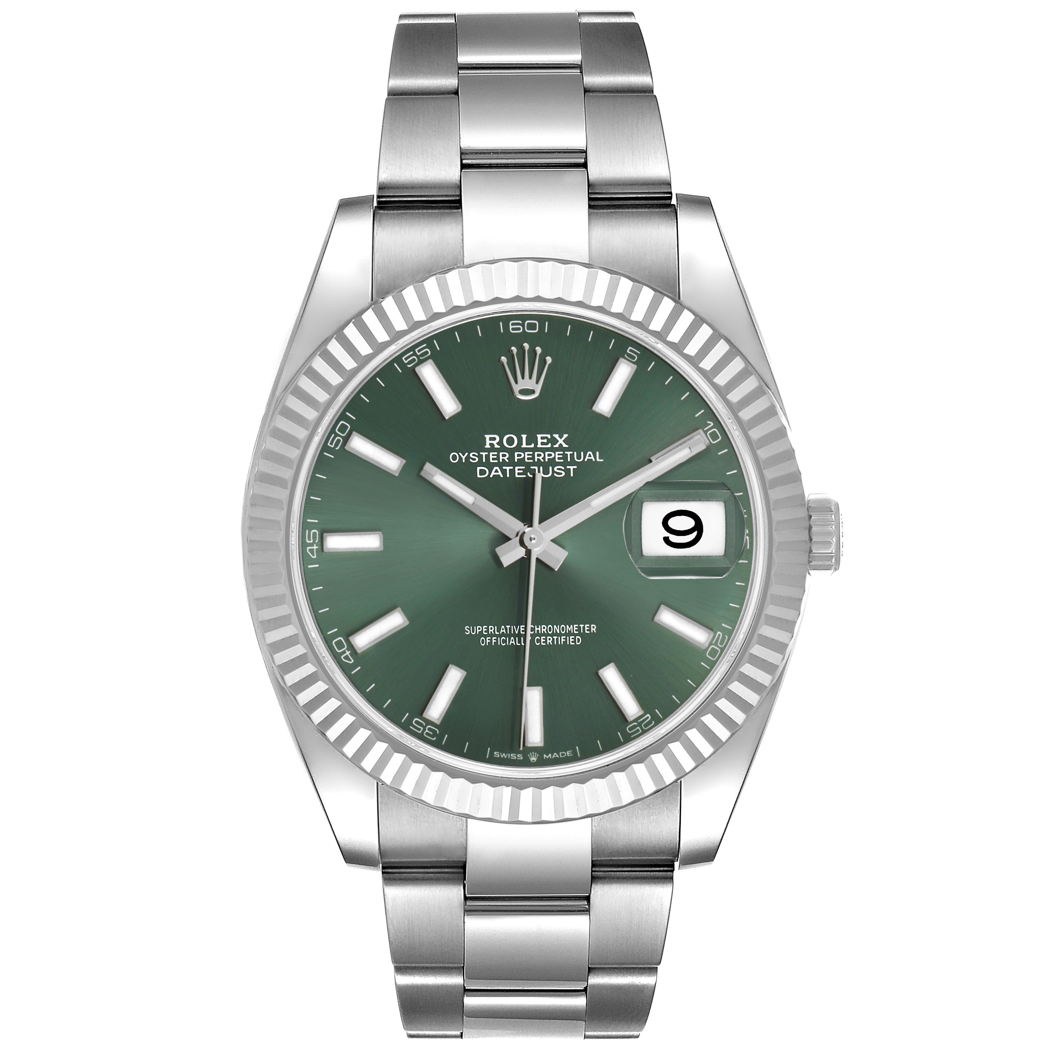 The Rolex Datejust 41 126334 Men's Stainless Steel Green Dial is shown from a front angle, displaying its green dial, fluted bezel, and metal bracelet.