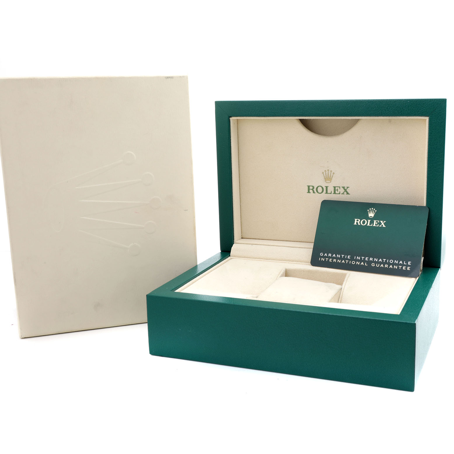 The image shows a Rolex Datejust 41 126334 Men's Stainless Steel Green Dial box with an open lid and a guarantee card inside.