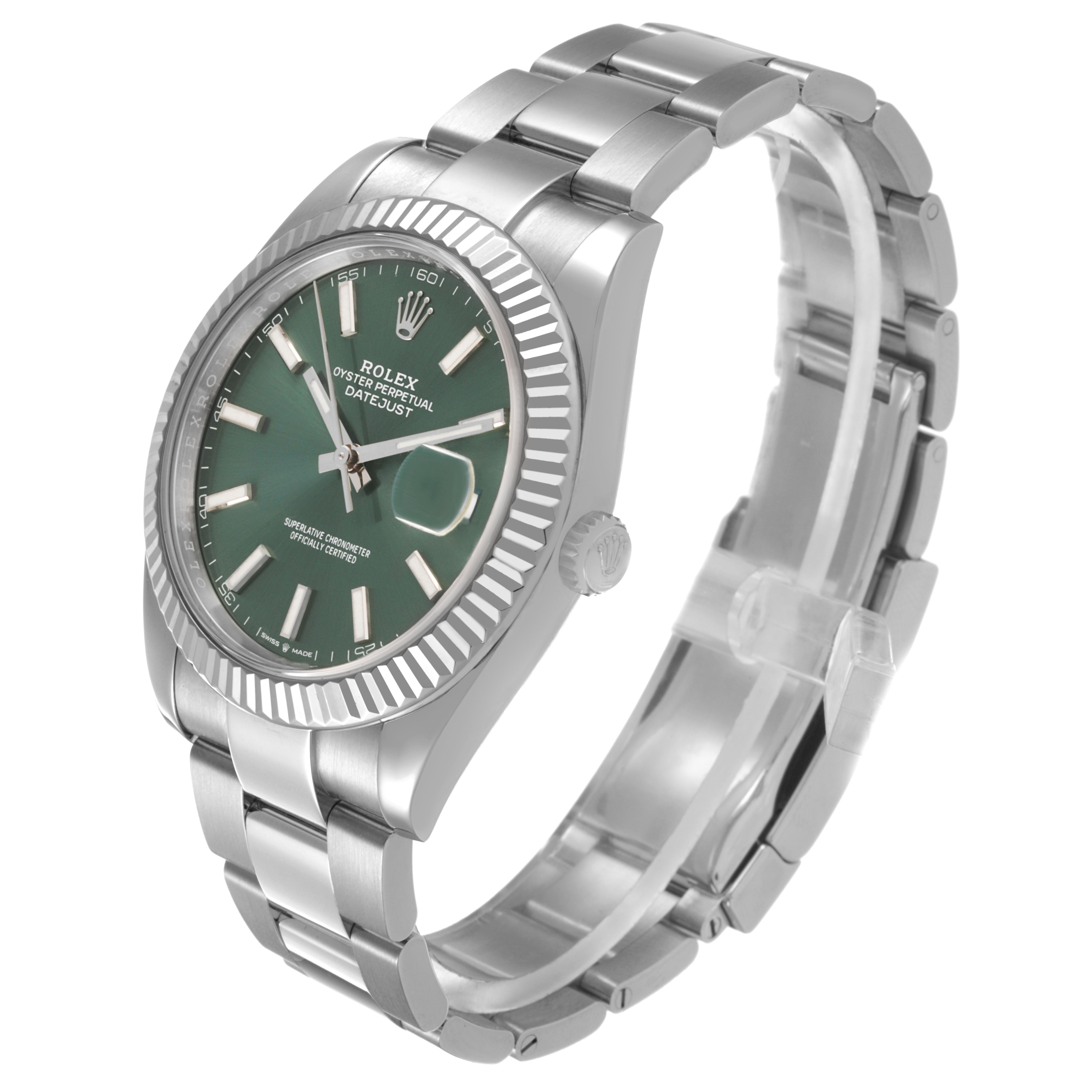 The Rolex Datejust 41 126334 Men's Stainless Steel Green Dial is shown at a three-quarter angle, highlighting the green dial, fluted bezel, and bracelet.