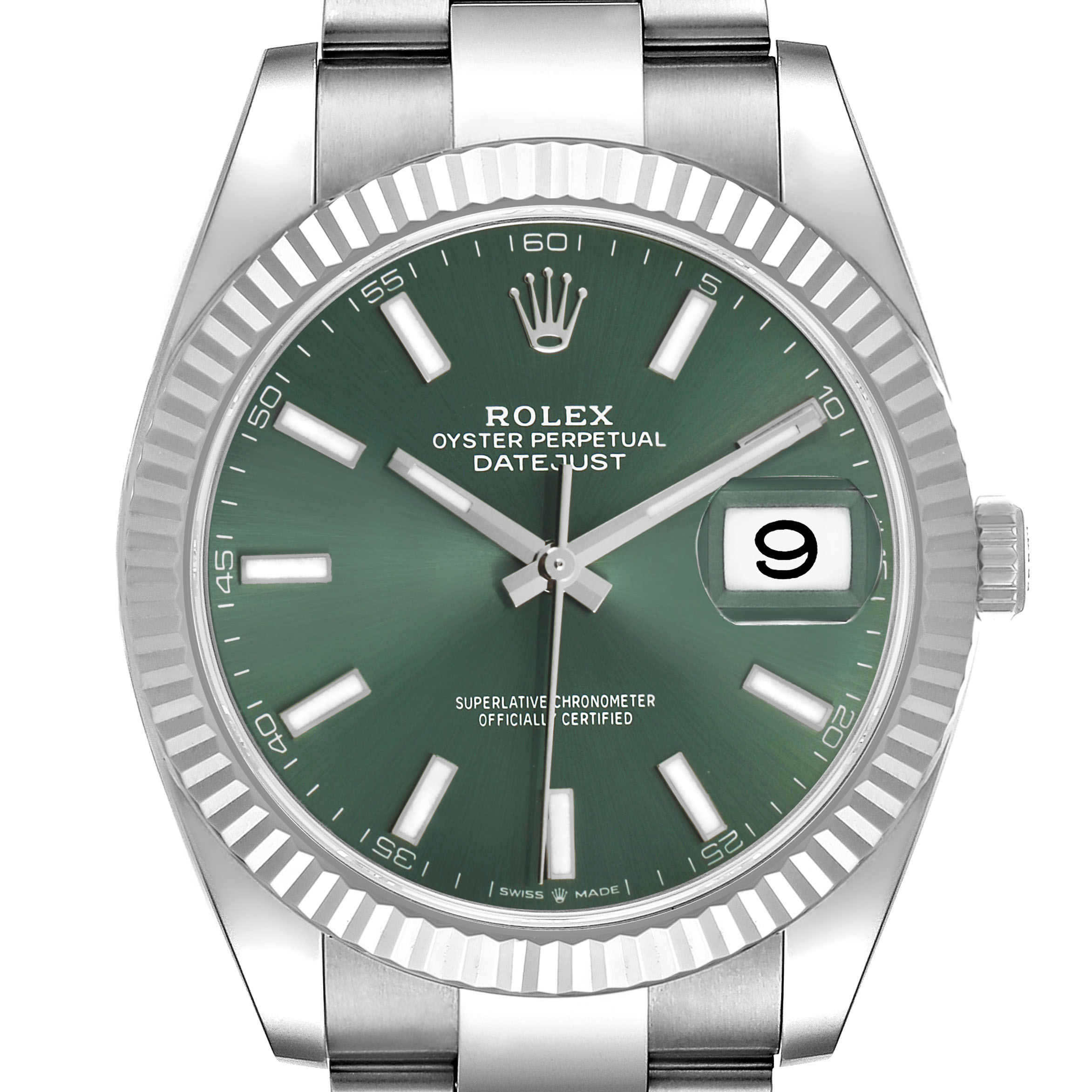 The image shows a frontal view of the Rolex Datejust 41 126334 Men's Stainless Steel Green Dial watch, highlighting its green dial, fluted bezel, and bracelet.