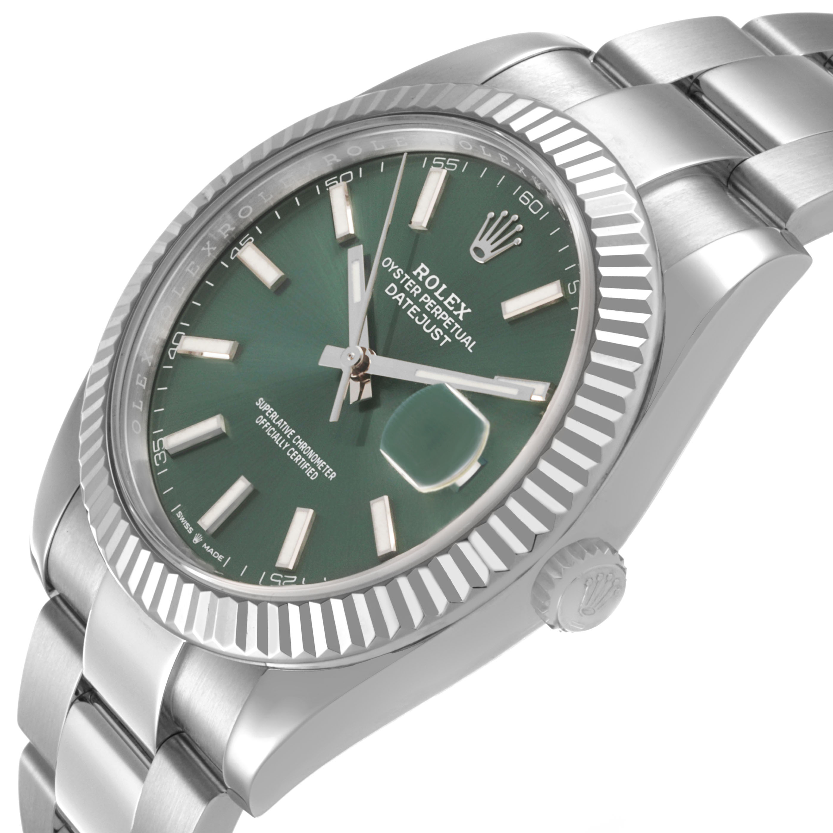 The Rolex Datejust 41 126334 Men's Stainless Steel Green Dial is shown at a three-quarter angle, highlighting the green dial, fluted bezel, and part of the bracelet.