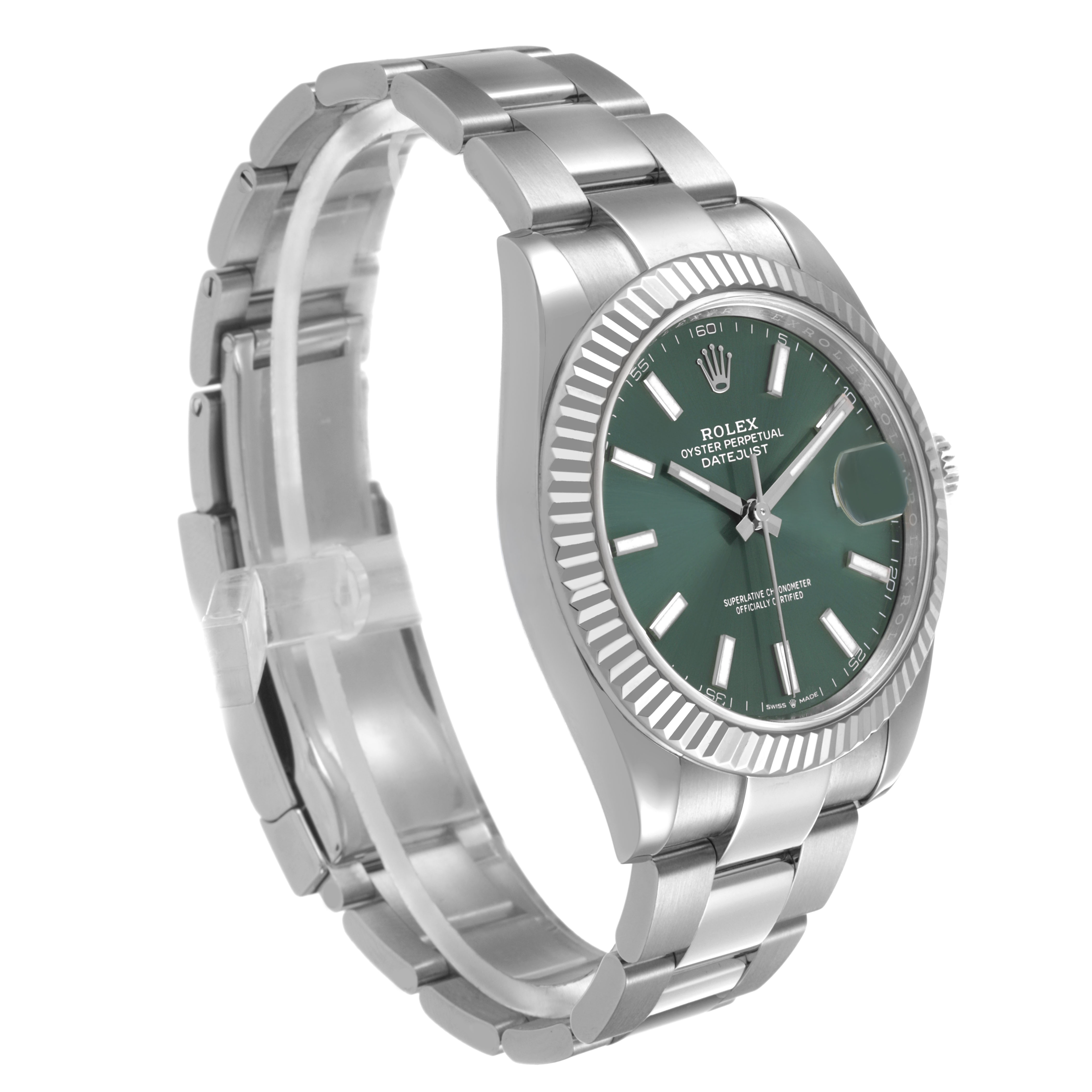 The Rolex Datejust 41 126334 Men's Stainless Steel Green Dial watch is shown at a three-quarter angle, highlighting the bezel, dial, bracelet, and clasp.