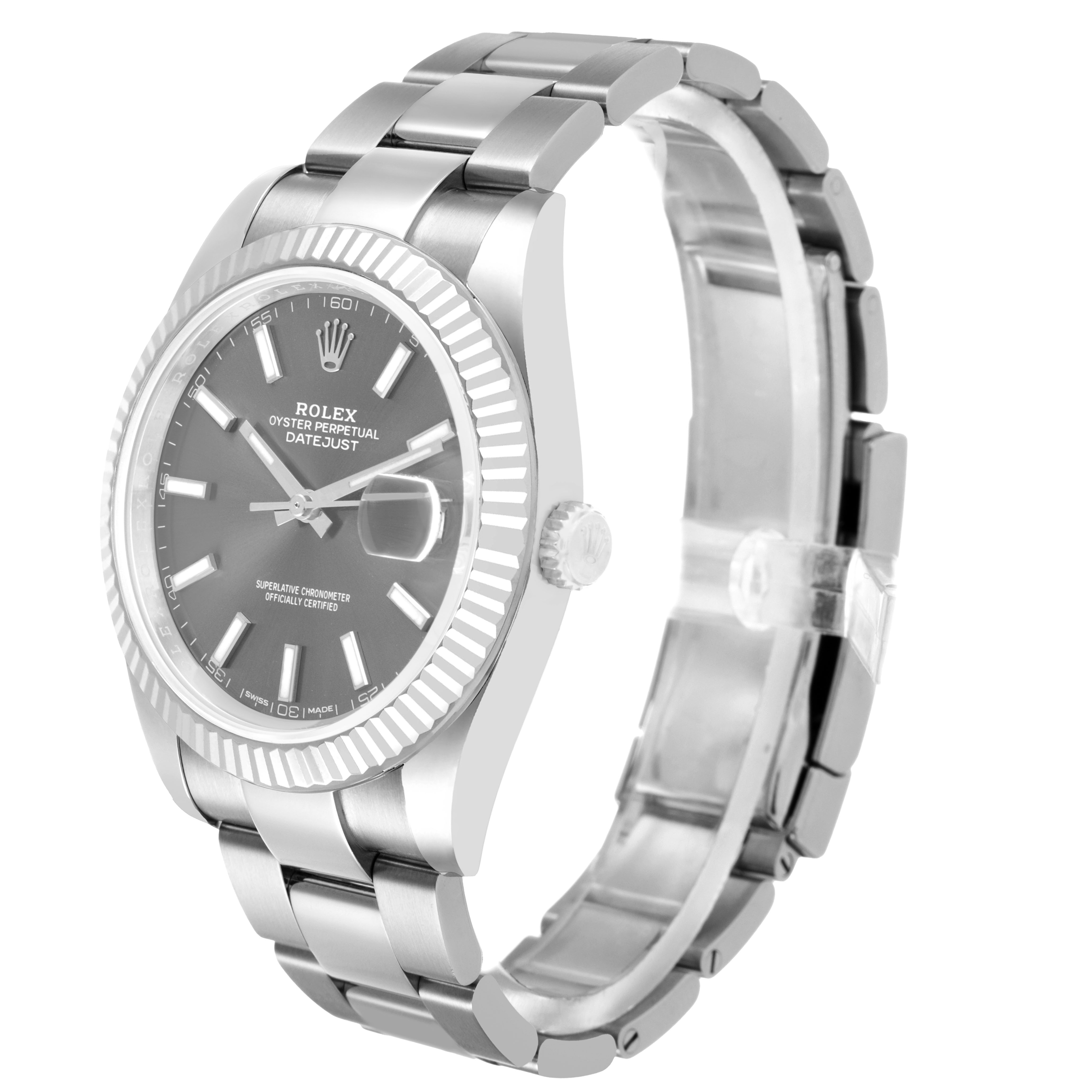 The Rolex Datejust 41 126334 Men's Stainless Steel Grey Dial is shown at an angled side view, highlighting the case, bracelet, and fluted bezel.