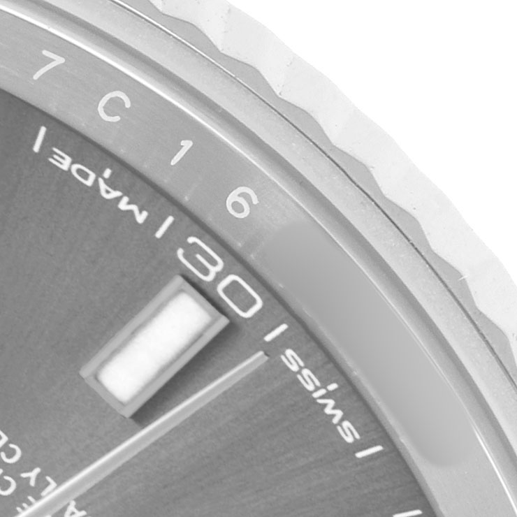 The image shows a close-up of the dial, bezel, and a date window of a Rolex Datejust 41 126334 Men's Stainless Steel Grey Dial watch.