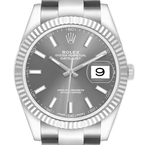 The Rolex Datejust 41 126334 Men's Stainless Steel Grey Dial watch is shown from the front, highlighting the dial, bezel, bracelet, and crown.