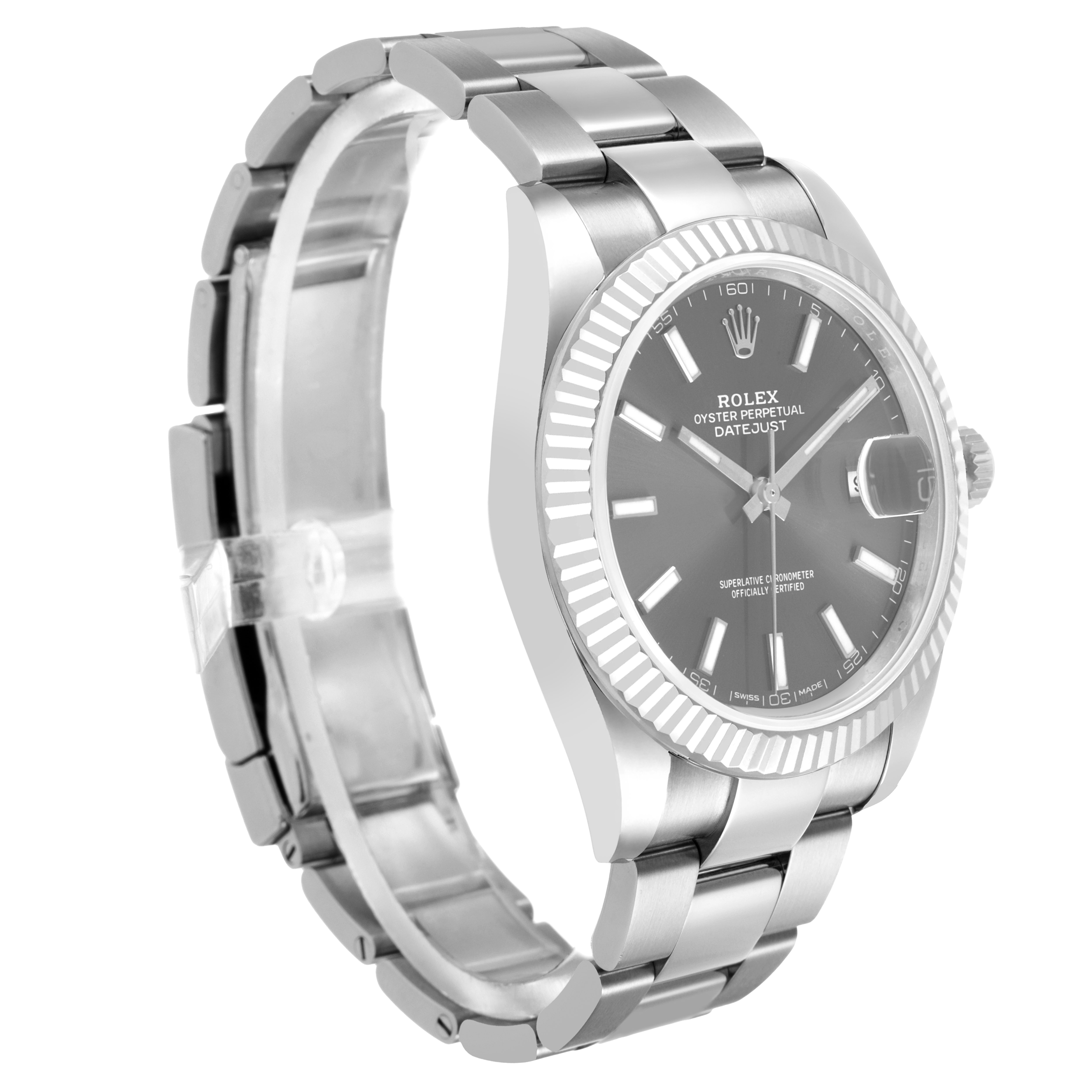 The Rolex Datejust 41 126334 Men's Stainless Steel Grey Dial is shown at an angle highlighting the dial, bezel, and part of the bracelet.