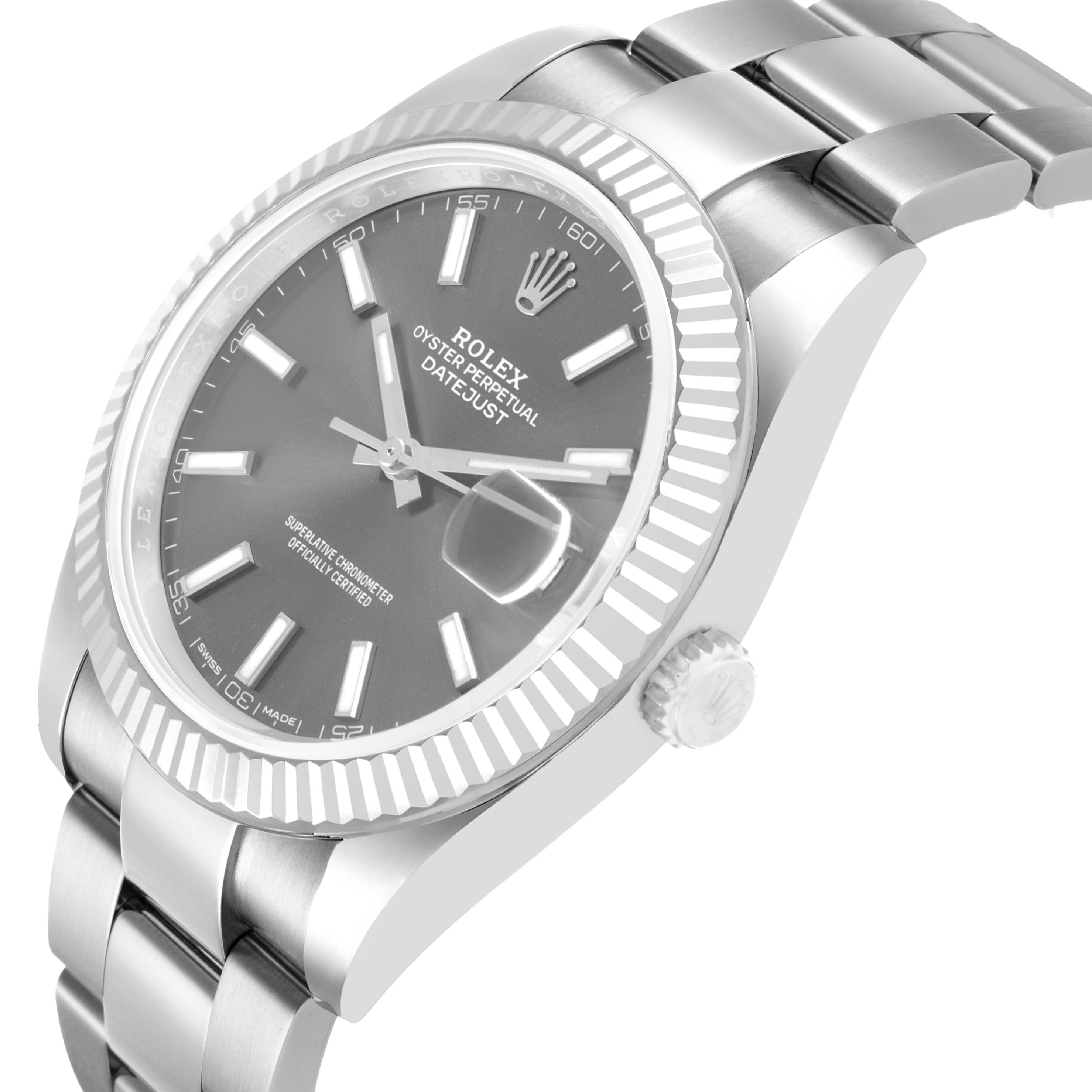 The Rolex Datejust 41 126334 Men's Stainless Steel Grey Dial watch is shown from a three-quarter angle highlighting the bezel, dial, and part of the bracelet.