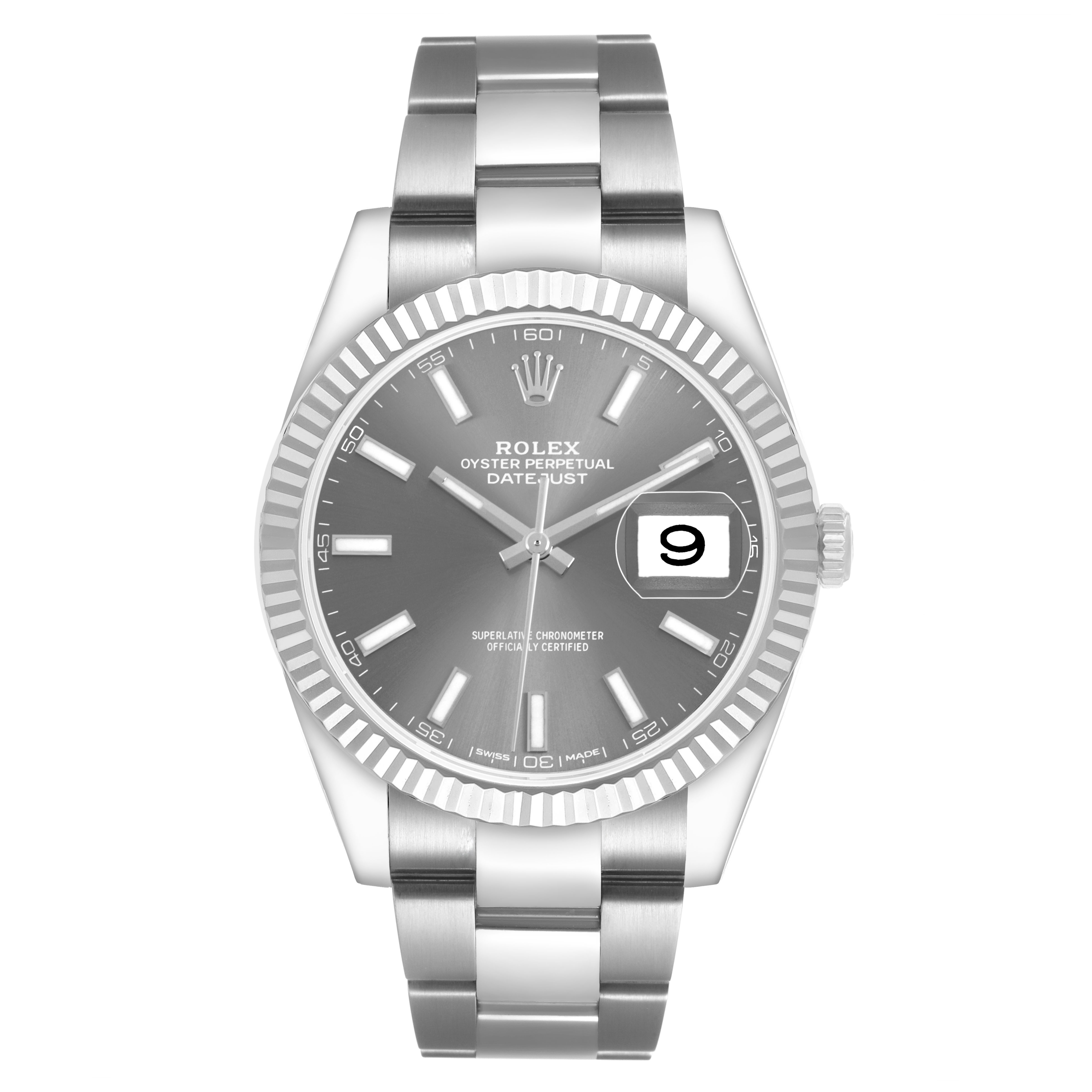 The Rolex Datejust 41 126334 Men's Stainless Steel Grey Dial is shown from a top view, displaying the dial, hands, bezel, and bracelet.