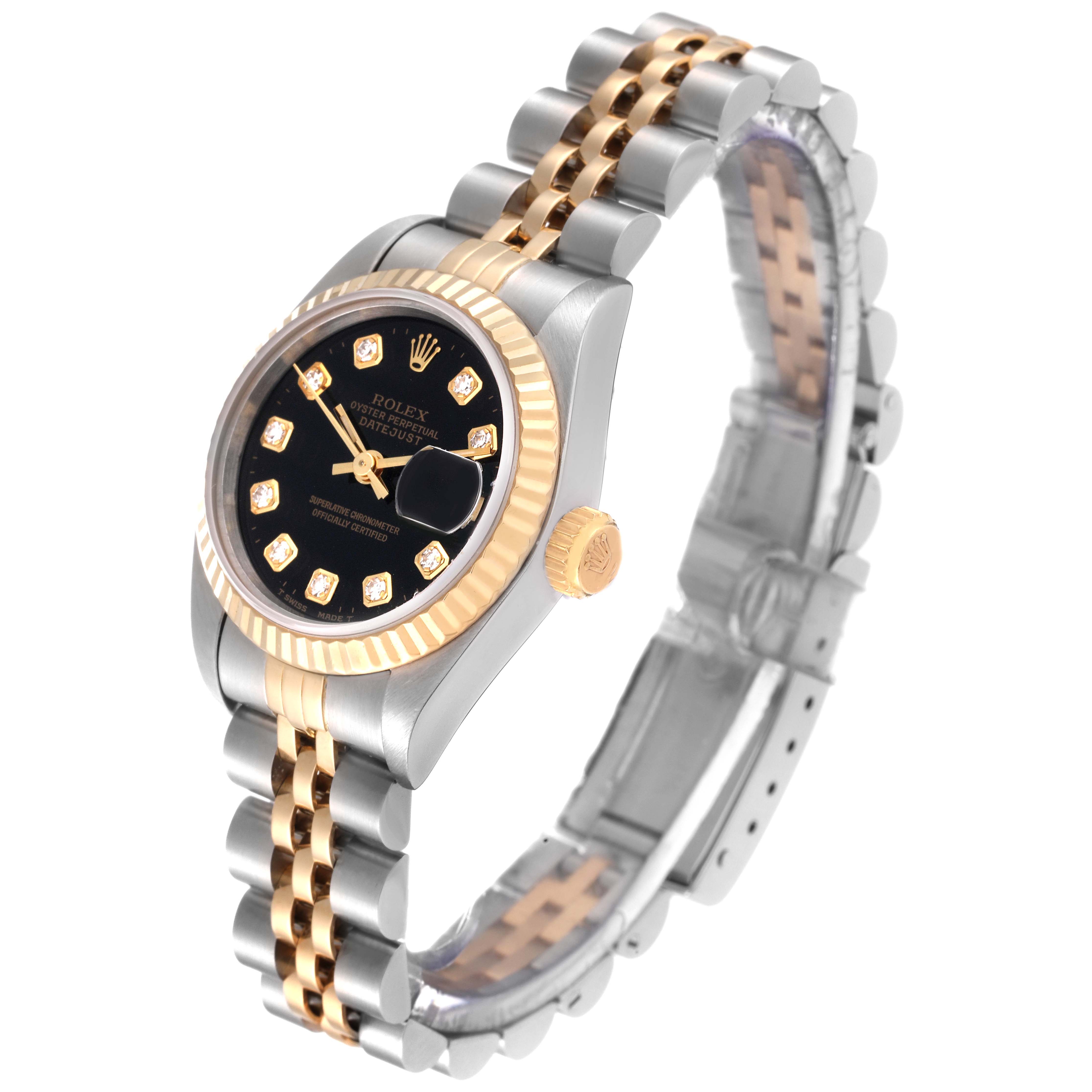 The image shows a Rolex Datejust 69173 Women's Steel and Gold (two tone) Black Dial 69173 Women's Steel and Gold (two tone) Black Dial watch at an angled view, displaying the black dial, fluted bezel, crown, and bi-metal bracelet.