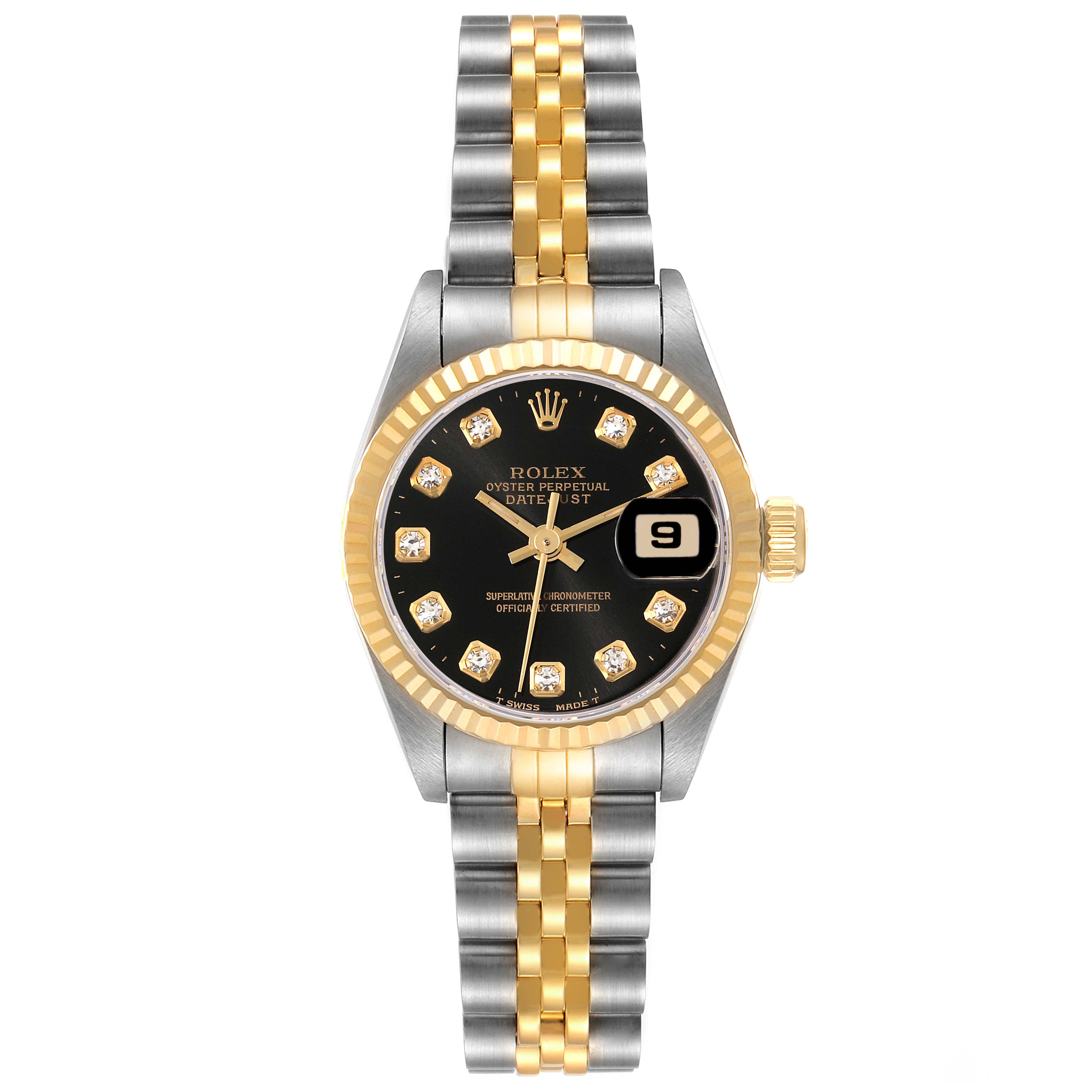 The image shows a front view of a Rolex Datejust 69173 Women's Steel and Gold (two tone) Black Dial 69173 Women's Steel and Gold (two tone) Black Dial watch featuring a two-tone bracelet, black dial, gold fluted bezel, and a date window at 3 o'clock.